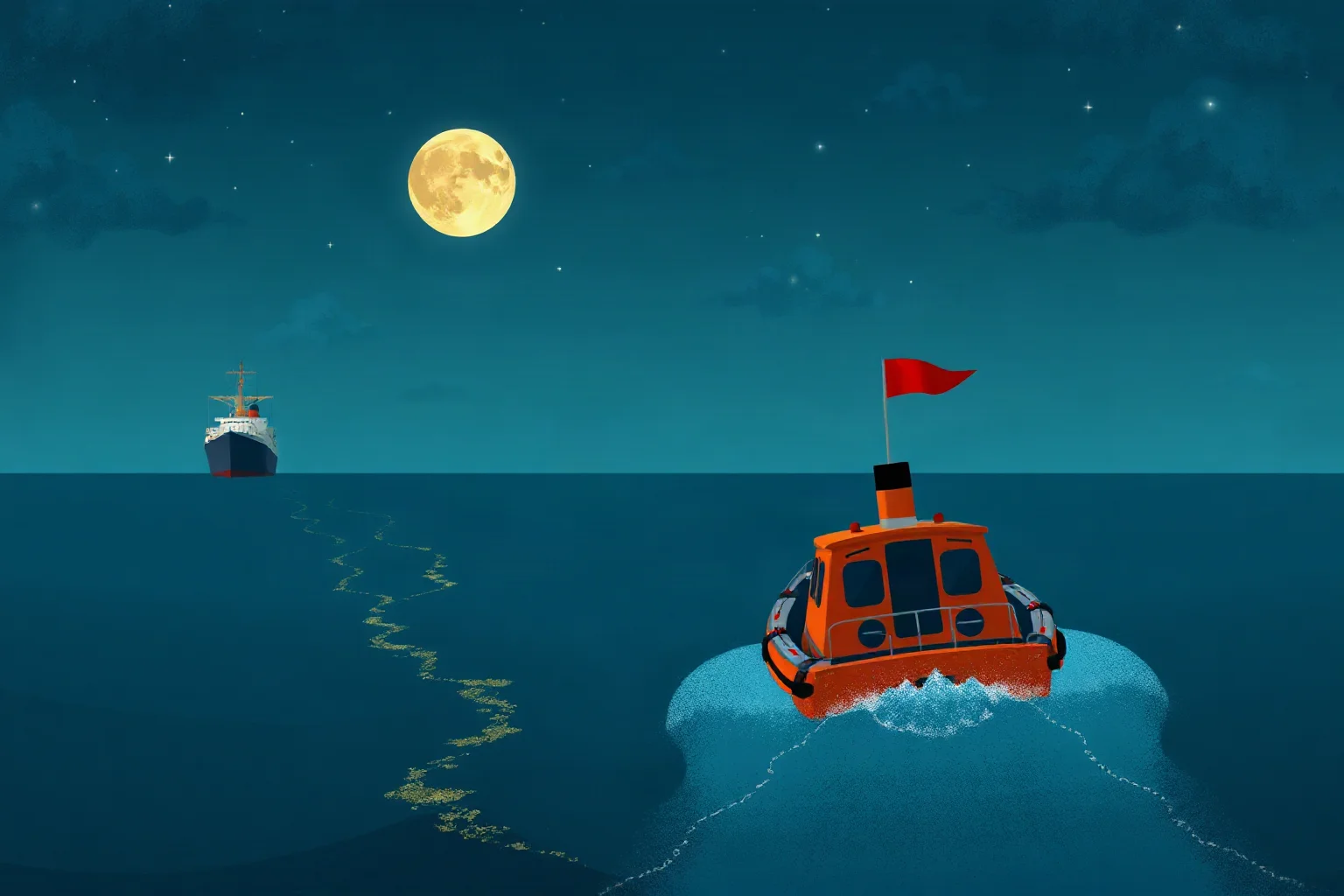 Illustration of a lifeboat rowing away from a large ocean liner toward a distant rescue ship on the horizon