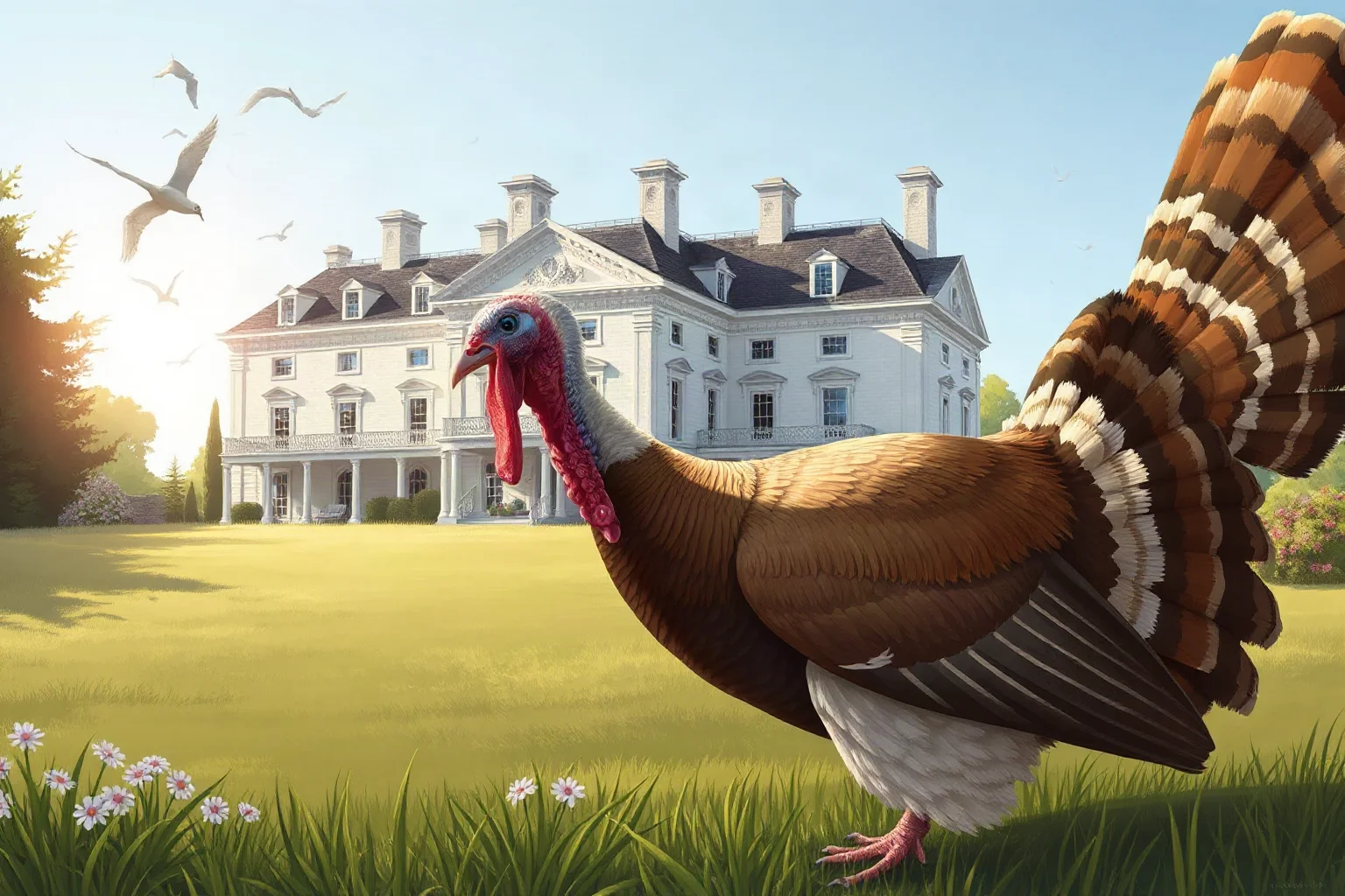 Illustration of a live turkey in a grassy yard near a grand 19th-century white mansion
