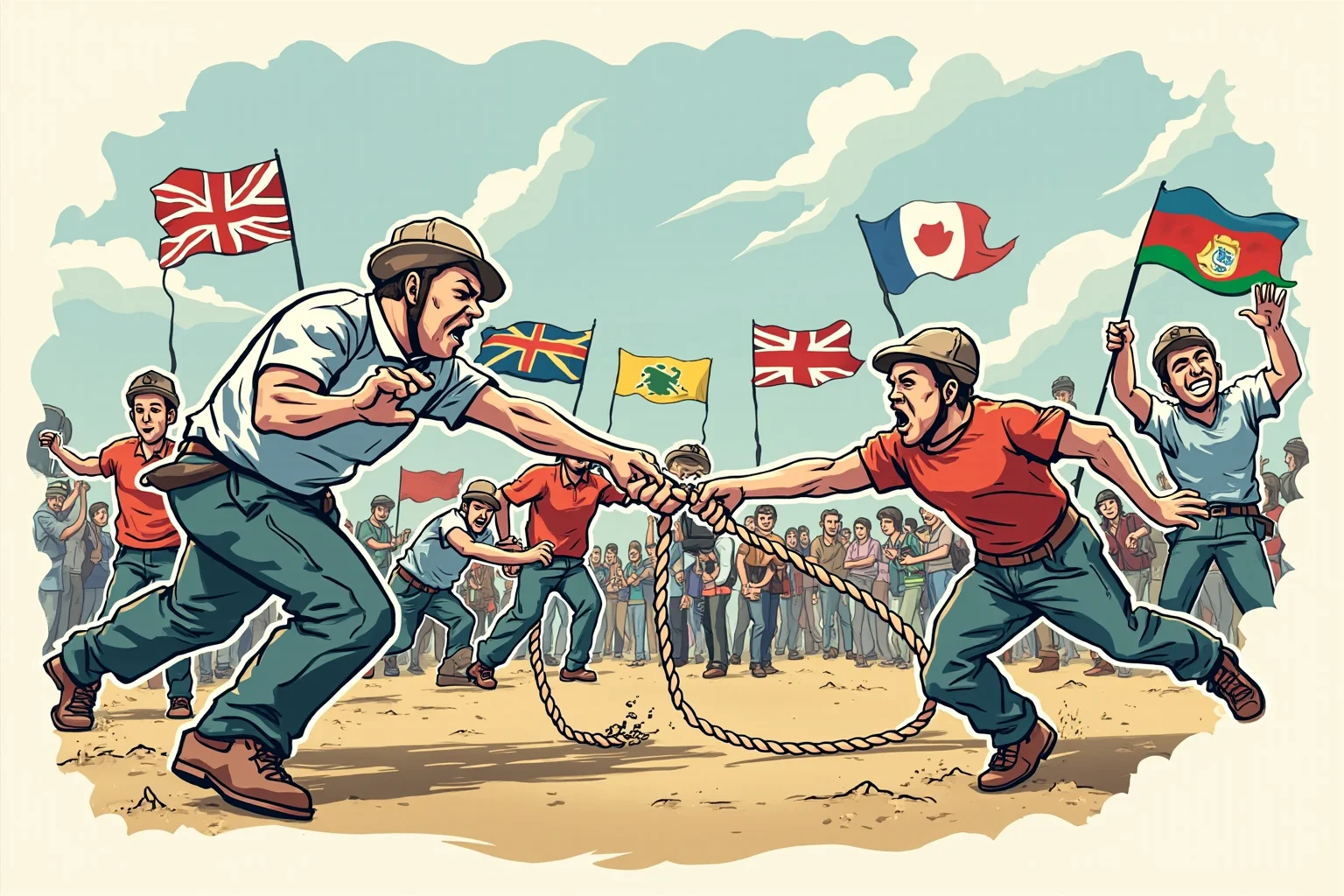Tug of War Was Once an Olympic Sport—Here's Why It Got Removed 19 Illustration of a lively international tug of war championship match with several national flags in the background