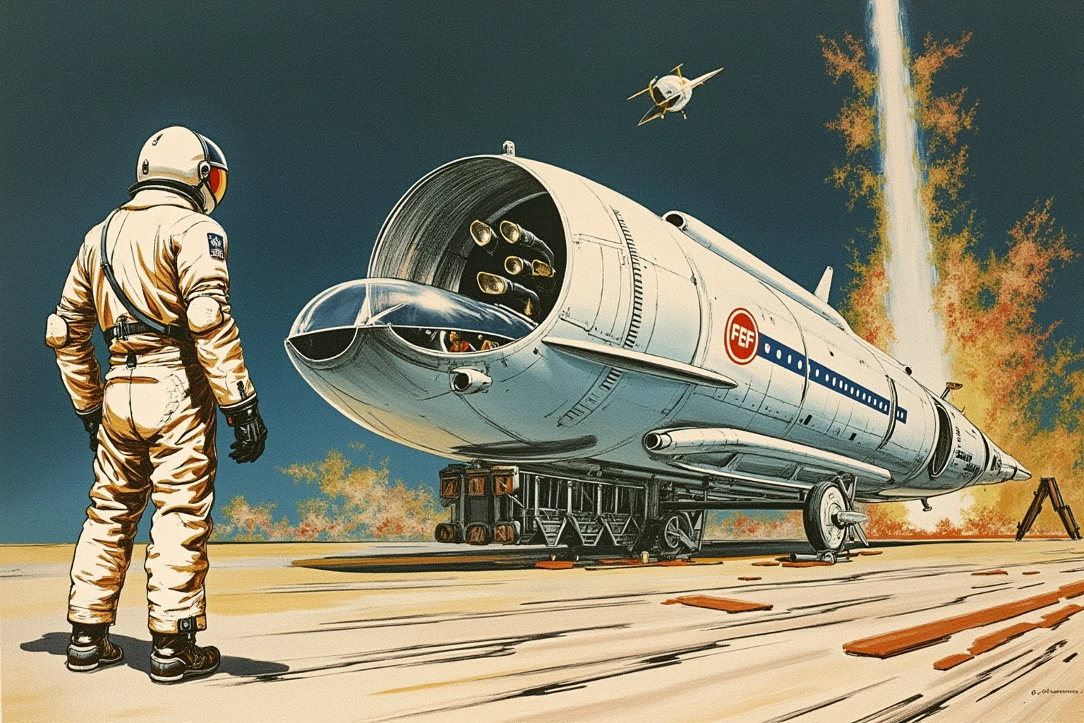 Illustration of a lone astronaut suited up beside an early spacecraft on a launch pad, vintage space-race style