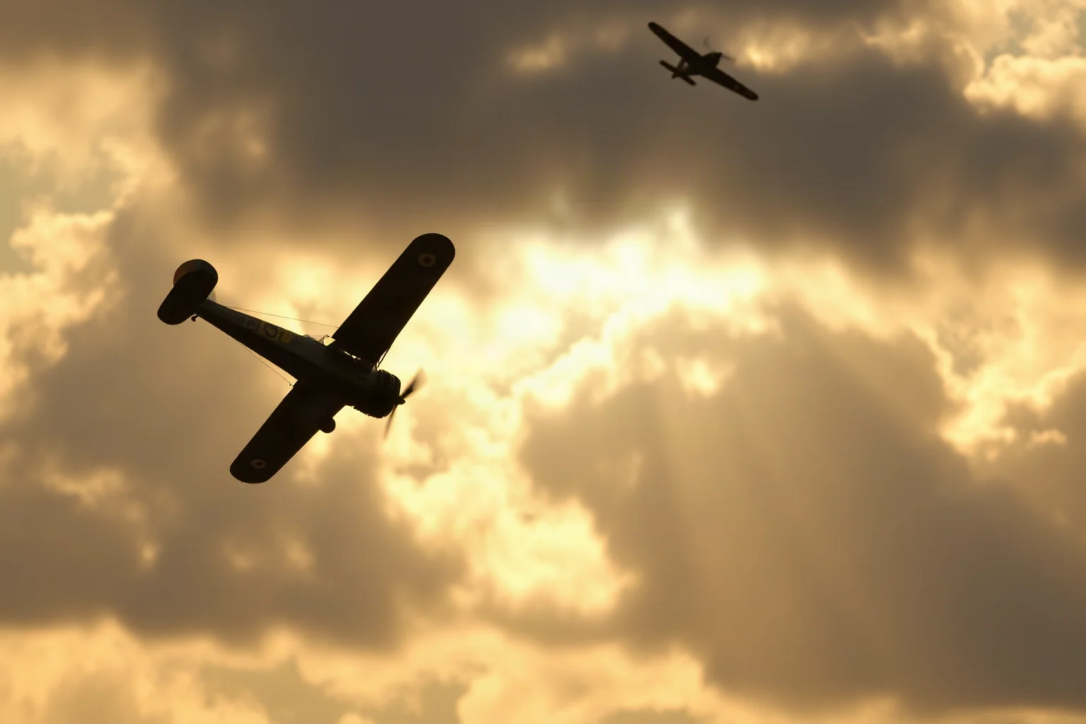 Illustration of a lone biplane silhouetted against a cloudy sky during aerial combat