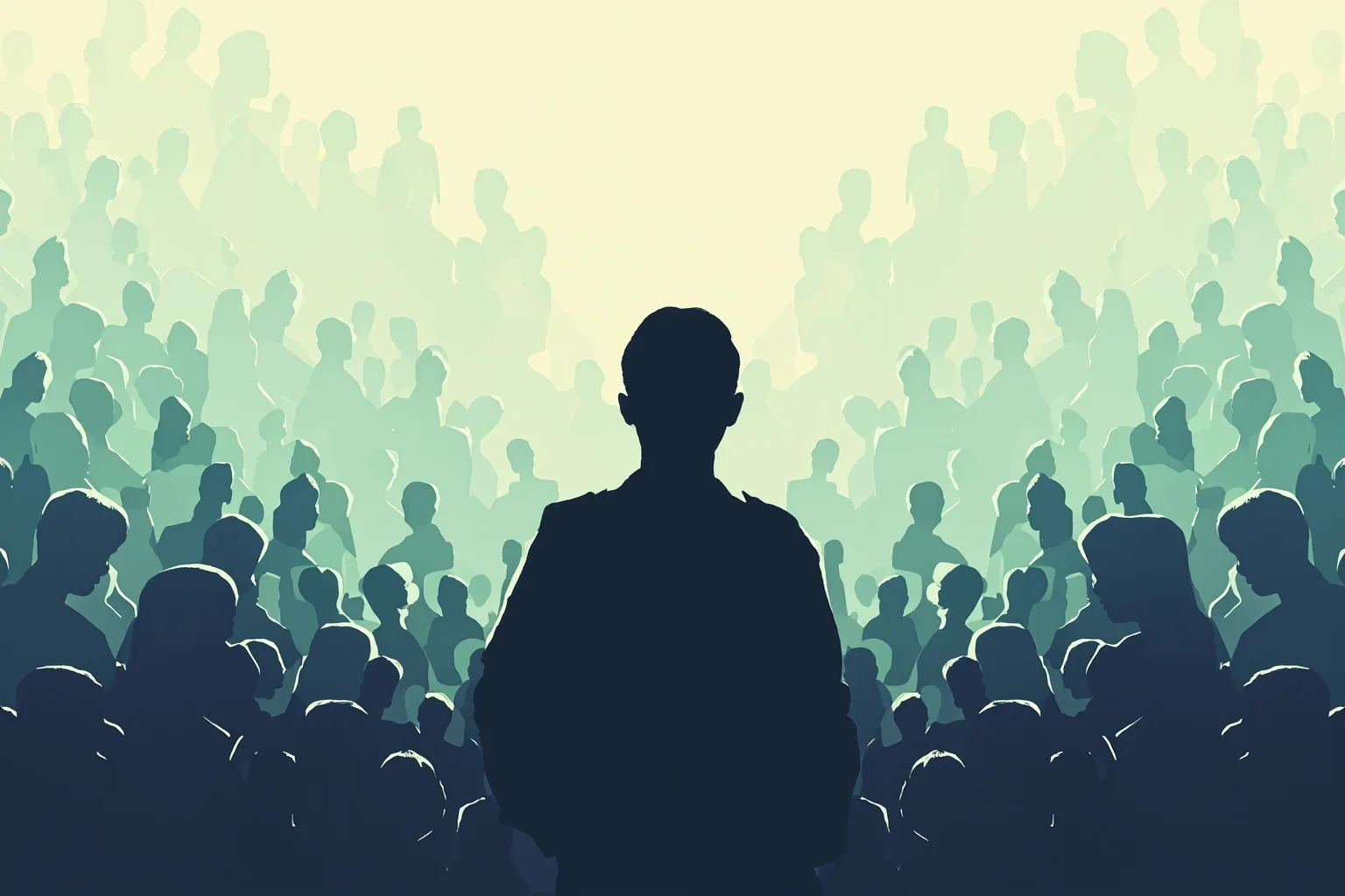 26 Famous Mark Twain Quotes (And the Ones He Never Actually Said) 8 Illustration of a lone figure standing apart from a crowd silhouette, symbolizing independent thought