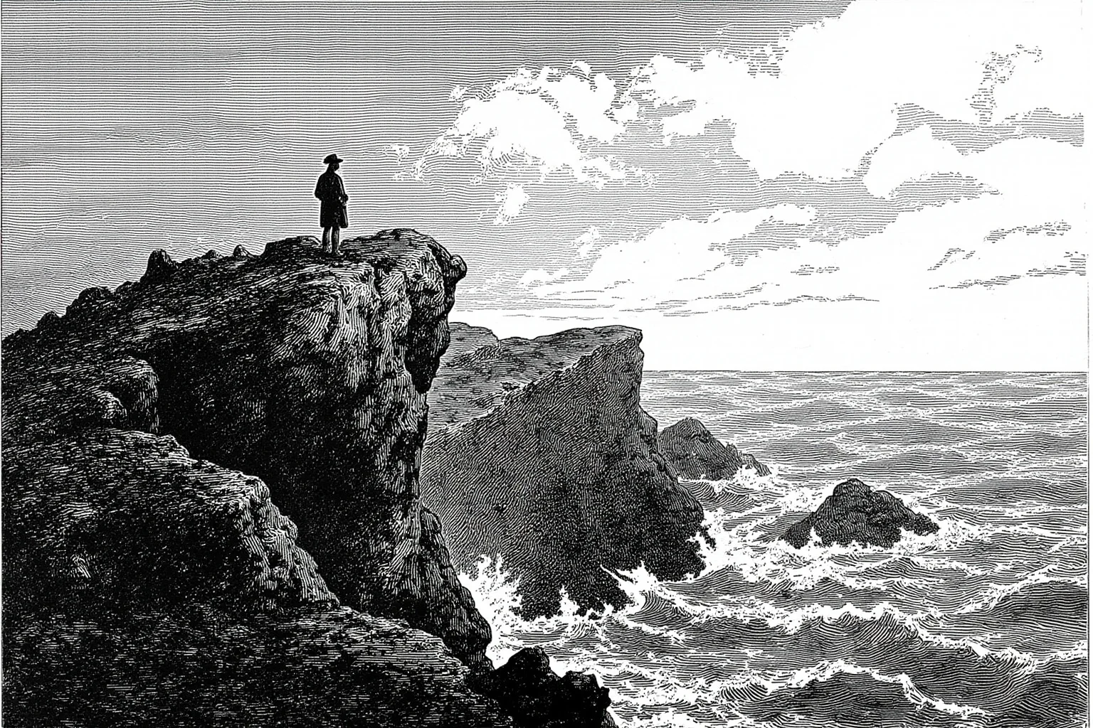Illustration of a lone figure standing on a windswept rocky island cliff overlooking the ocean, 19th-century exile atmosphere
