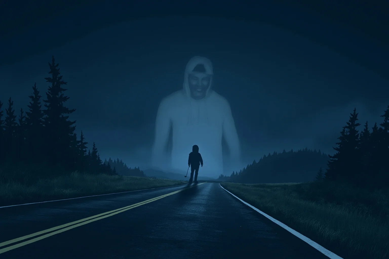Illustration of a lone hitchhiker figure fading into transparency on a foggy rural highway at night