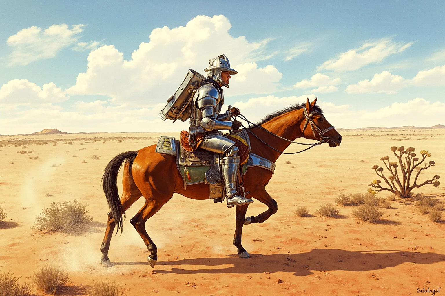Illustration of a lone horseback rider in improvised metal armor riding through the Australian outback