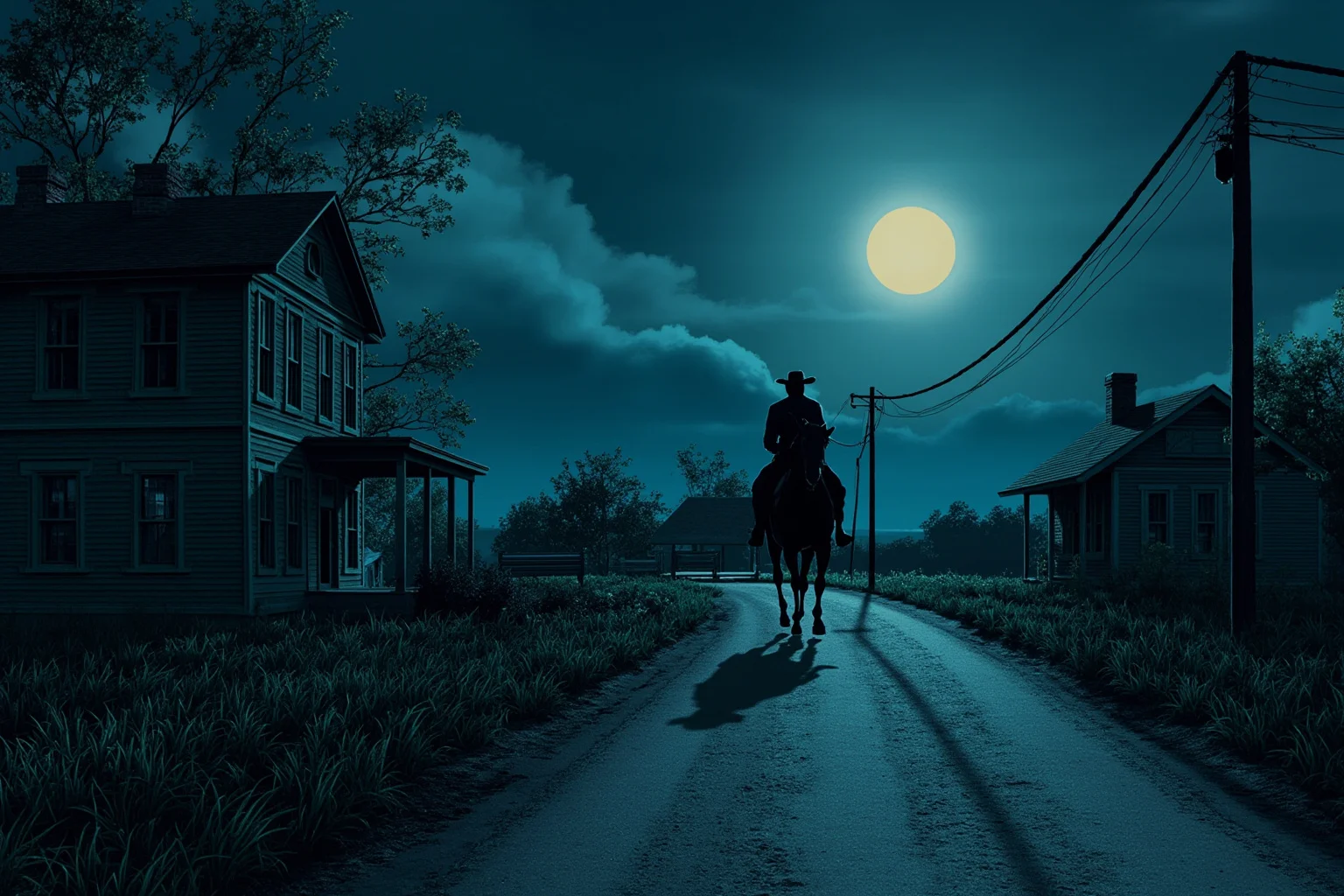 Illustration of a lone rider on horseback galloping down a moonlit colonial road past darkened farmhouses
