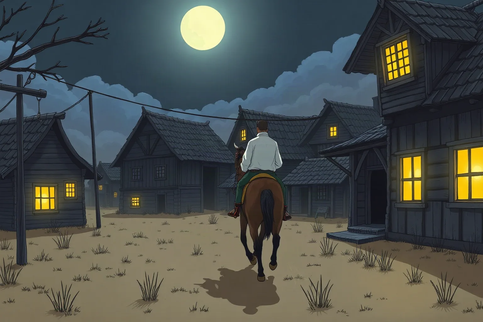 Illustration of a lone rider on horseback galloping through a moonlit colonial village, lanterns in windows