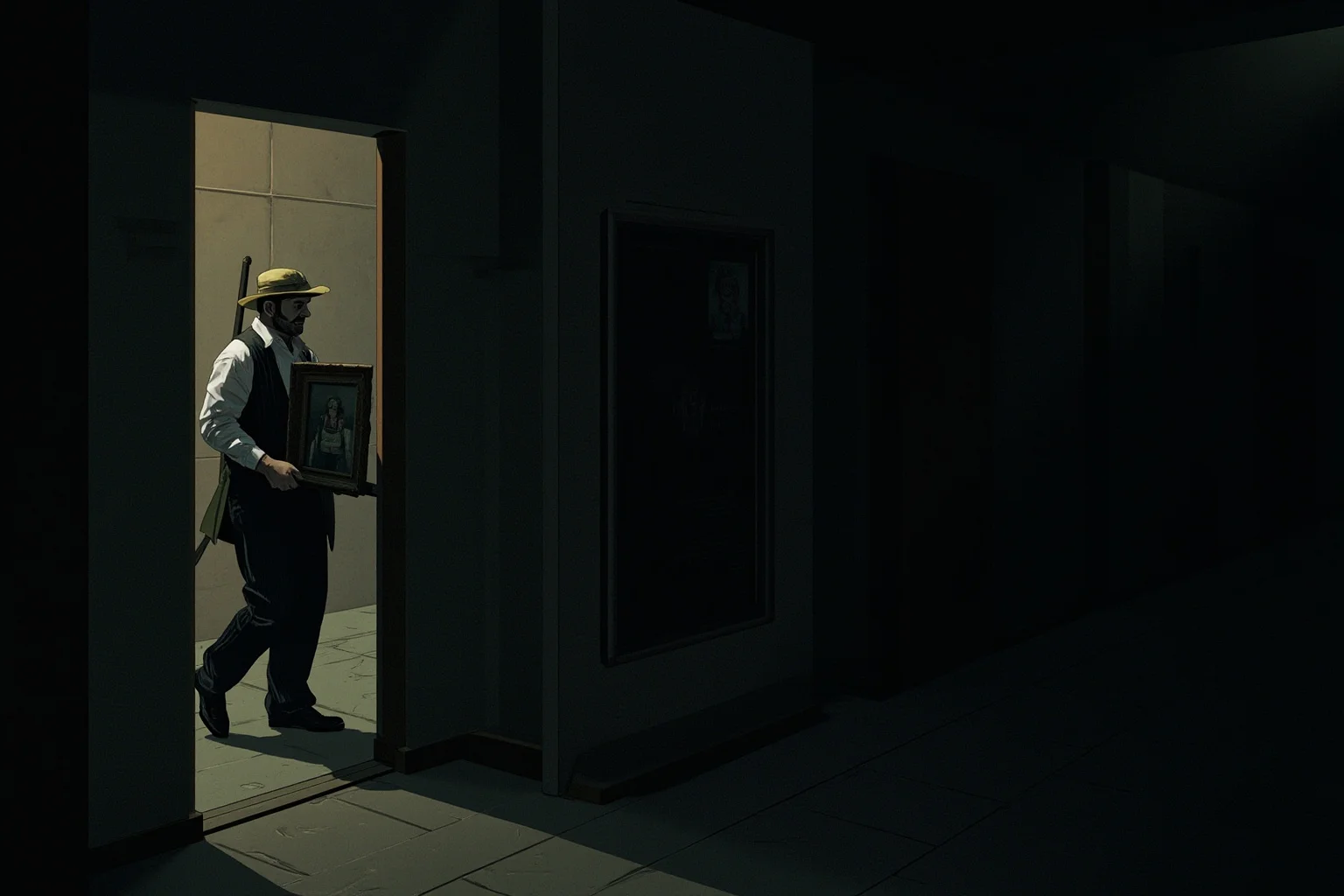 The Louvre Is No Stranger to Losing Millions: Inside the Museum's Biggest Heists 7 Illustration of a lone workman in early 1900s attire sneaking through a museum corridor at night carrying a small painting