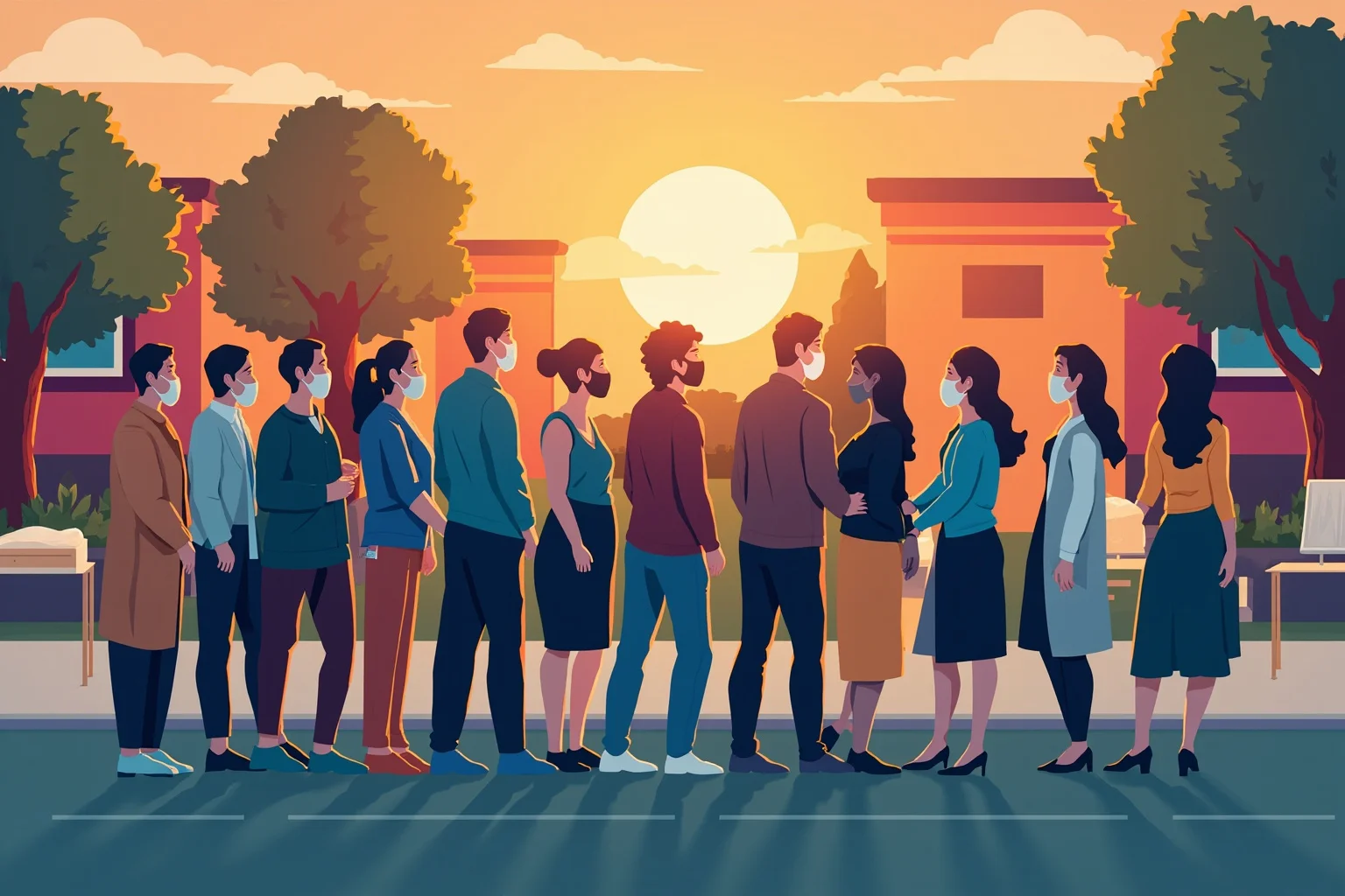 22 Historical Events That Will Restore Your Faith In Humanity 19 Illustration of a long line of diverse voters waiting calmly outside a polling station at sunrise