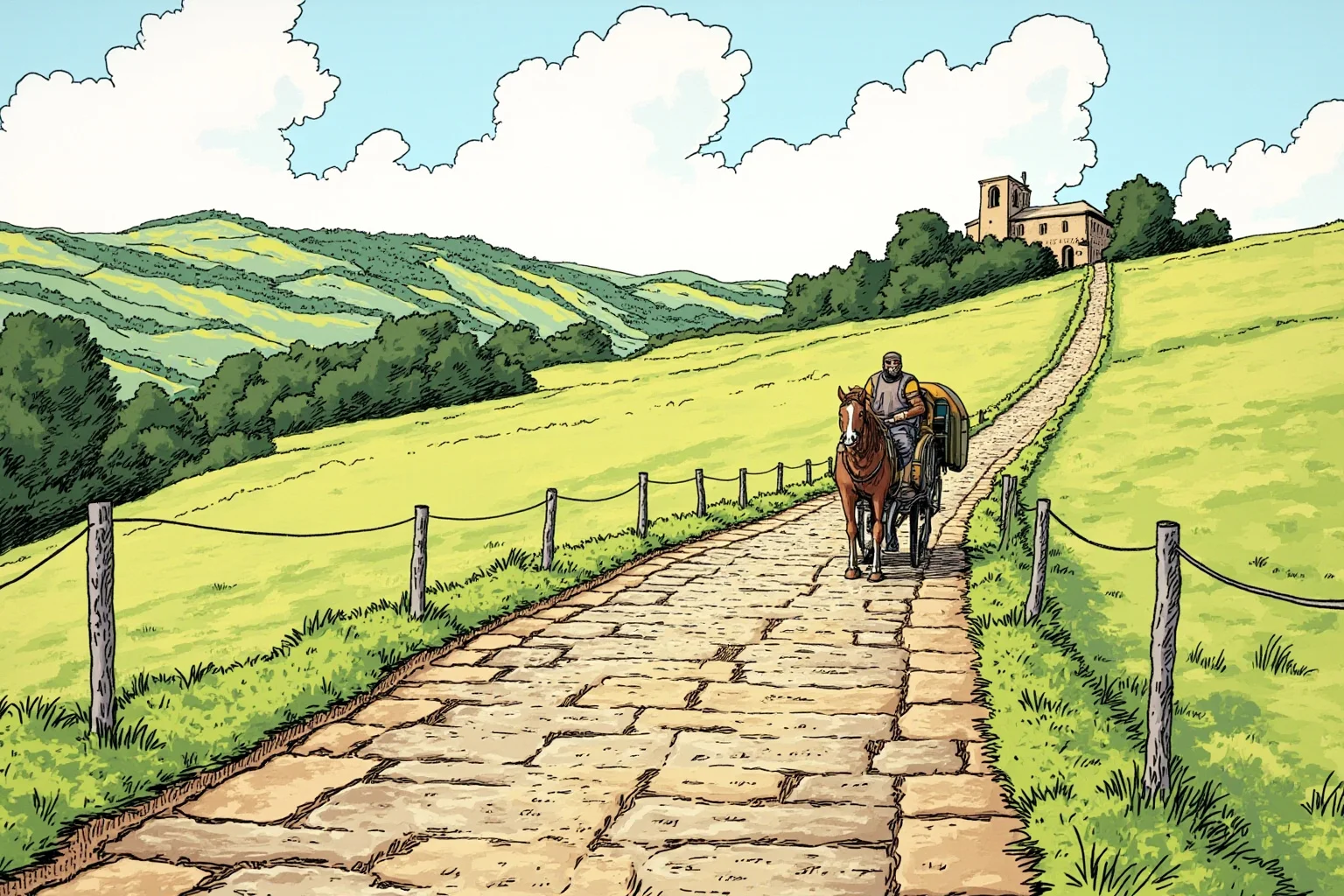 Illustration of a long Roman stone road stretching through hills with a horse cart traveling on it
