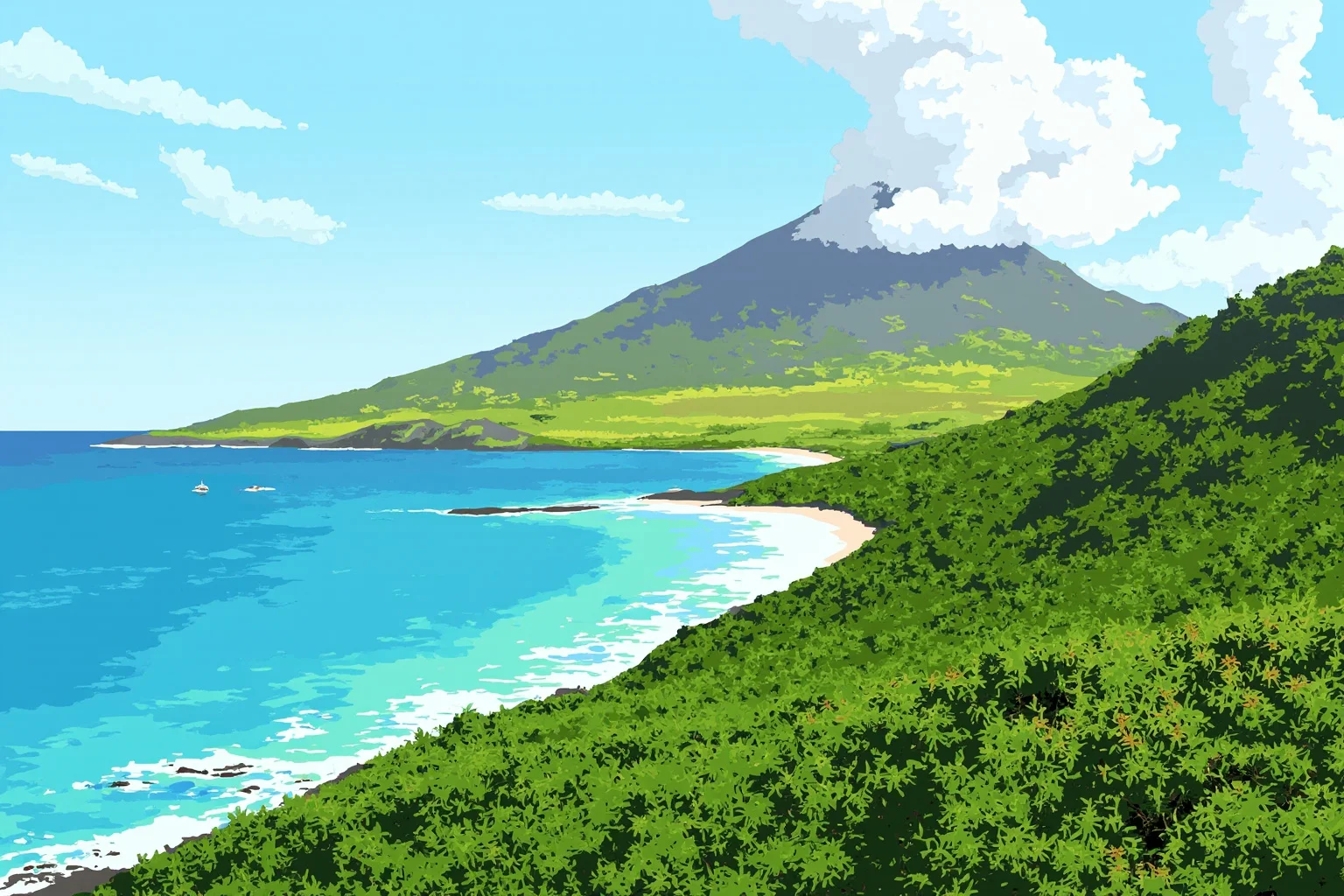Illustration of a lush Central American coastline with volcanic hills in the background