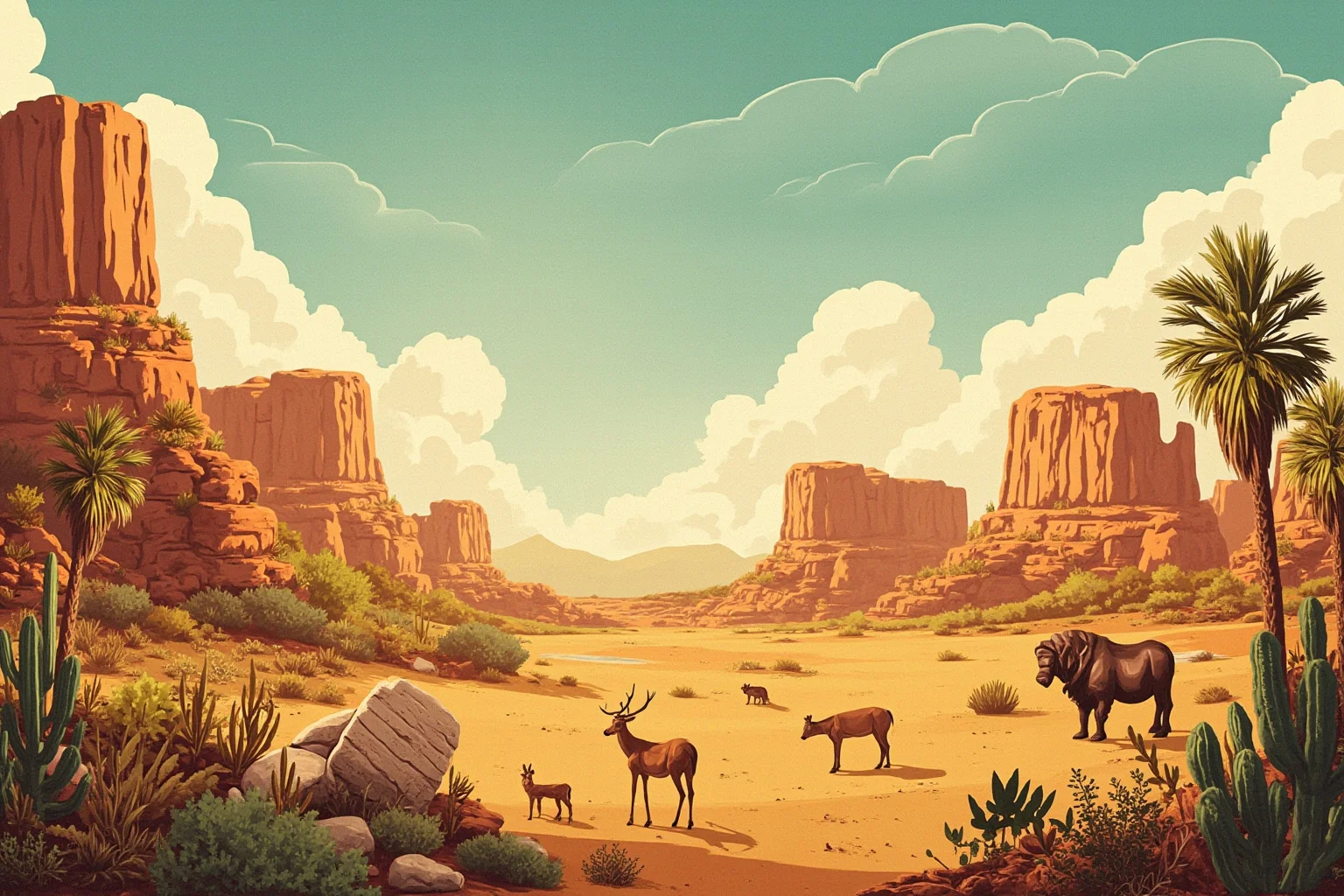 Walt Disney: 10 Controversies That Haunt Him & 10 Ways He Changed the World 20 Illustration of a lush desert landscape with wildlife, framed like a vintage nature documentary film still