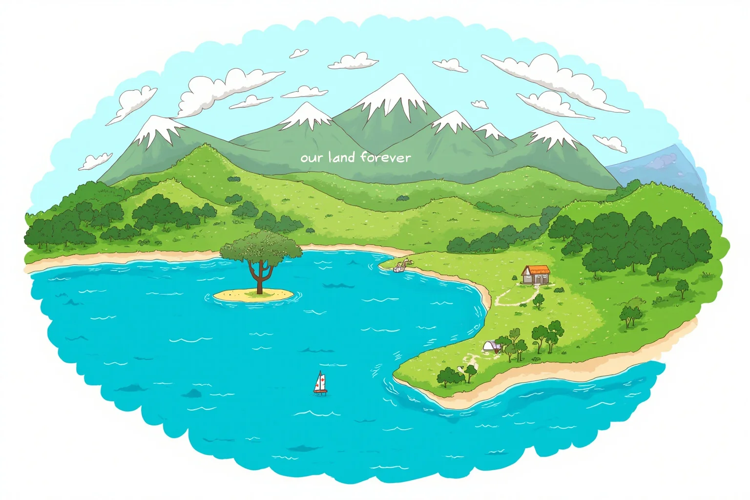 Illustration of a lush Pacific island coastline with mountains labeled symbolically as 'our land forever'