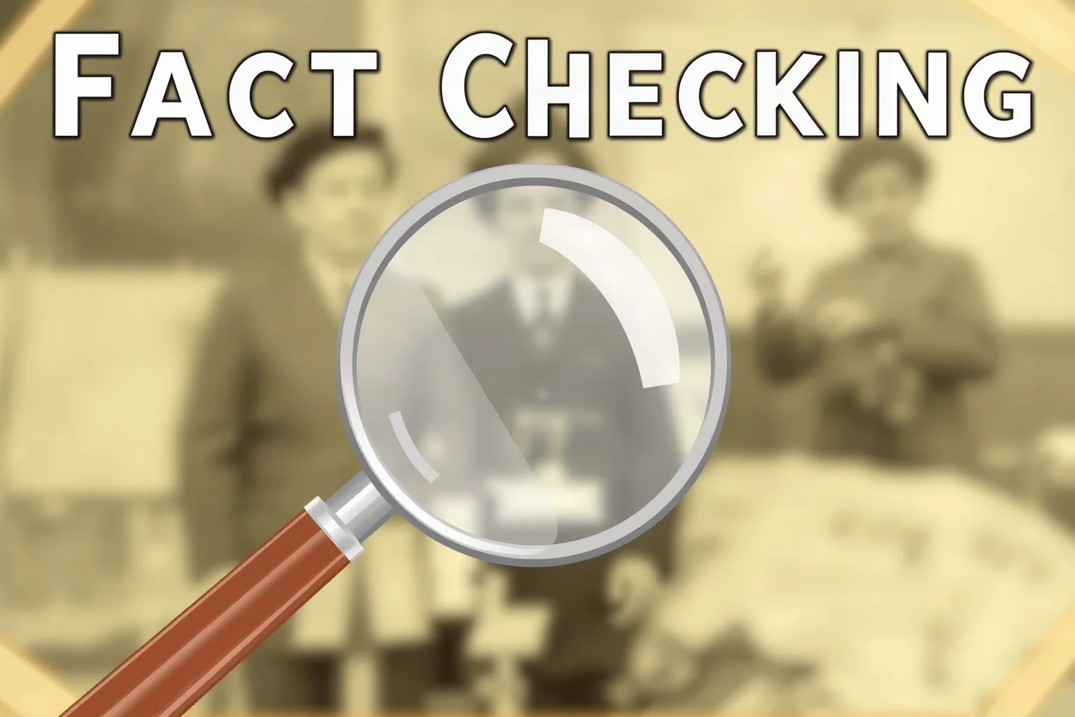 Illustration of a magnifying glass hovering over a blurry vintage photograph, symbolizing fact-checking and myth-busting
