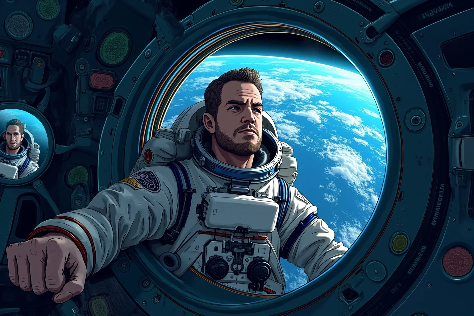 Illustration of a male astronaut inside the International Space Station cupola window, Earth glowing below