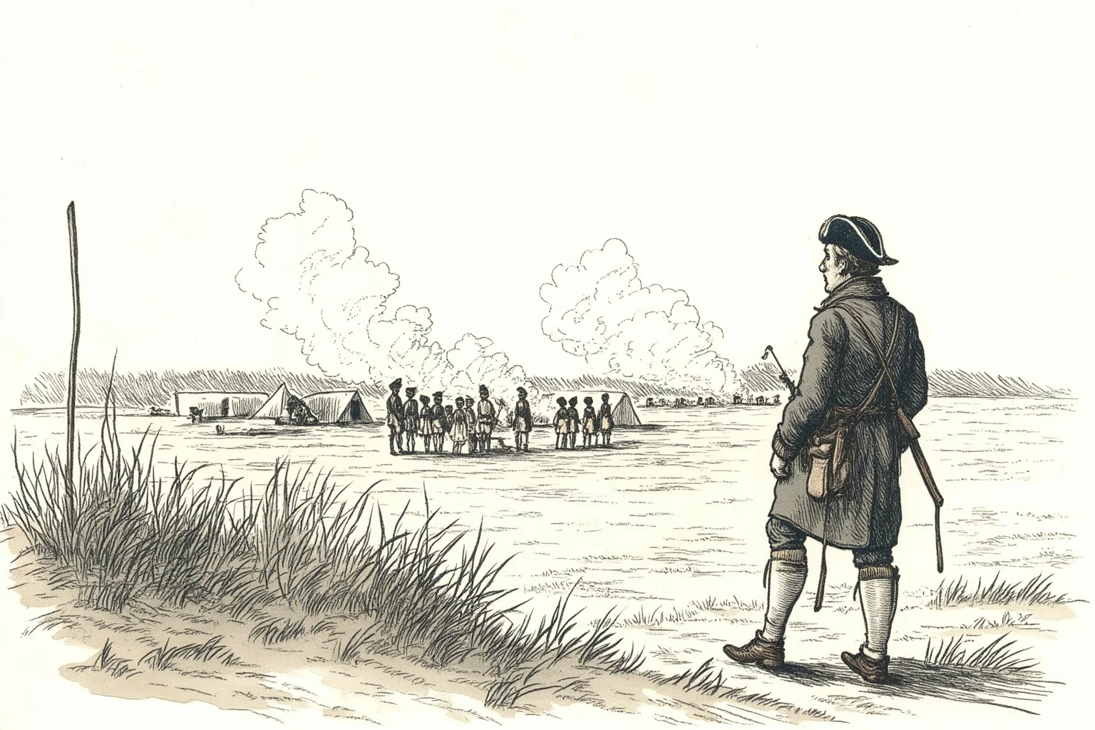 Unsung Heroes History Doesn't Talk About Enough 3 Illustration of a man in colonial-era clothing quietly observing a British military camp from a distance, sketch-style historical art