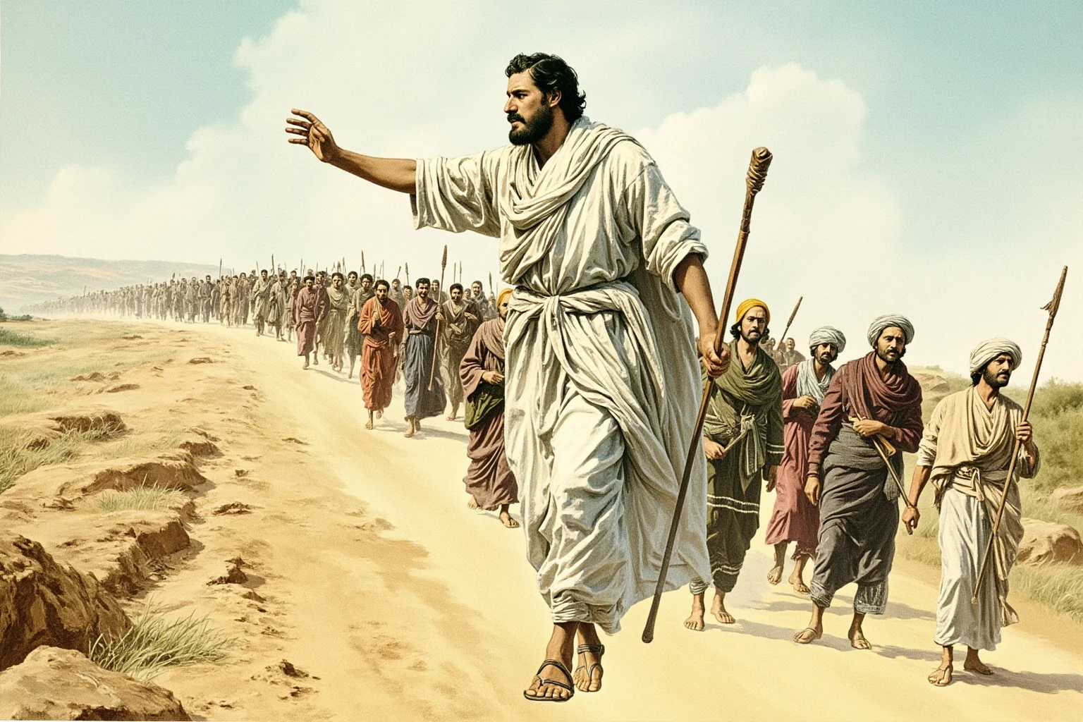 Illustration of a man in simple robes leading a peaceful march of followers along a dusty road