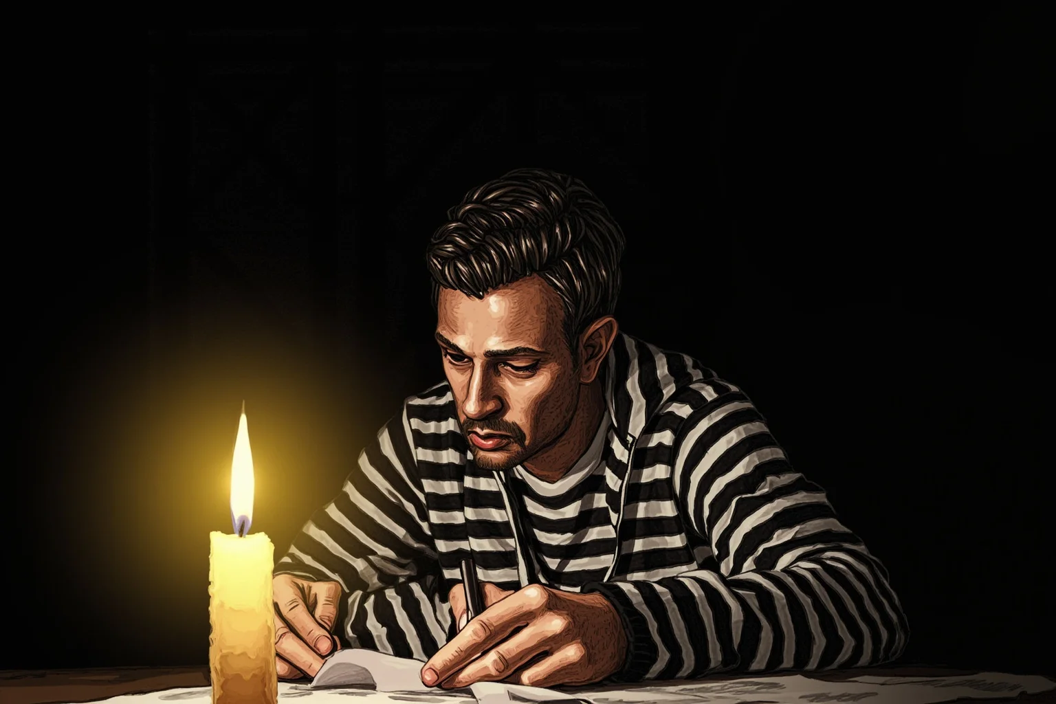 Illustration of a man in striped prison camp clothing writing secret notes by candlelight, somber tone
