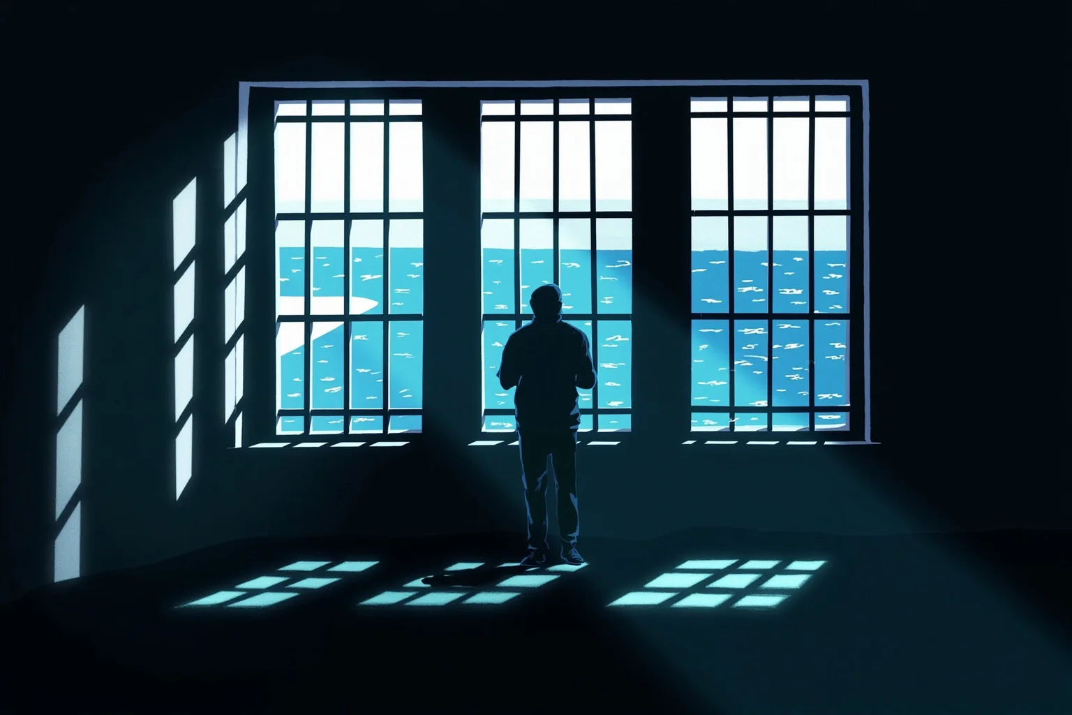 Illustration of a man standing at a prison window overlooking the ocean, reflective silhouette