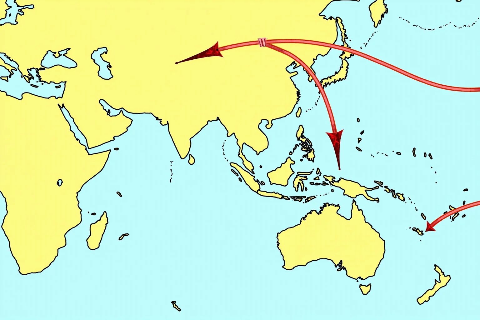 Illustration of a map of Asia and the Pacific with military arrows showing expansion across islands and coastline