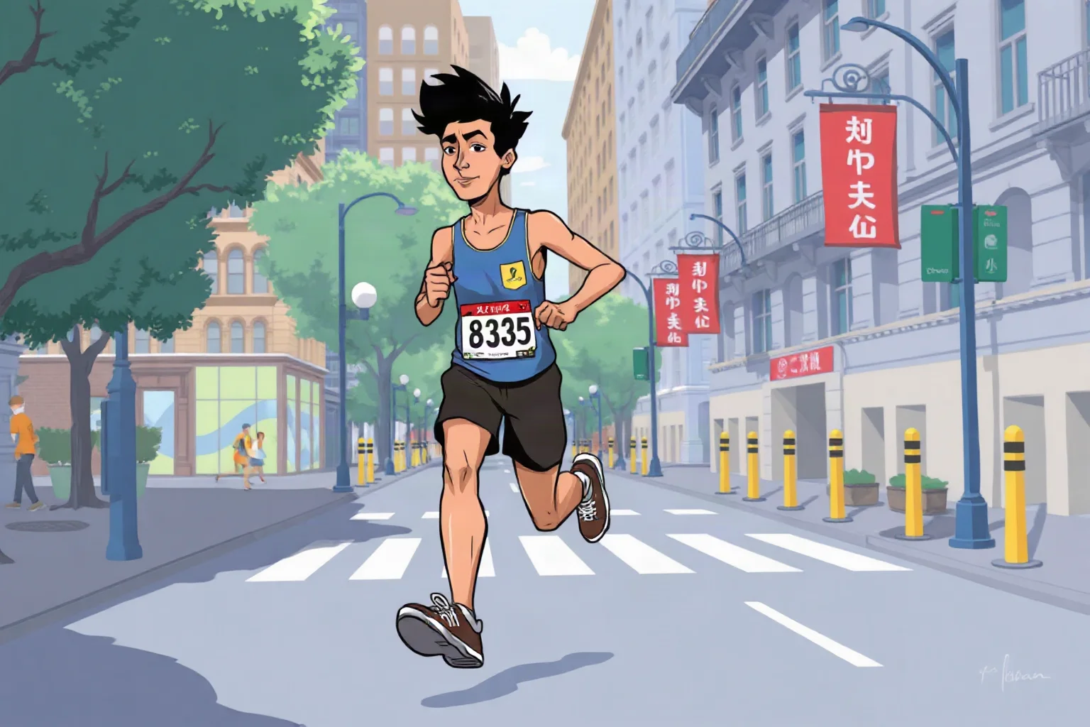 Illustration of a marathon runner striding through a city street course, determined expression
