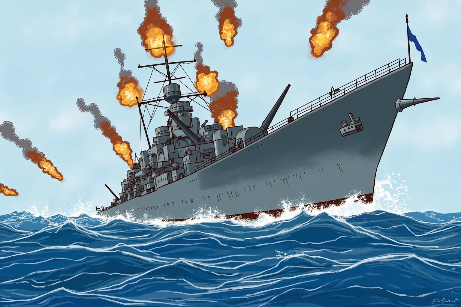 Lost At Sea: 20 Most Famous Shipwrecks in History 14 Illustration of a massive gray battleship under naval bombardment listing heavily in open ocean