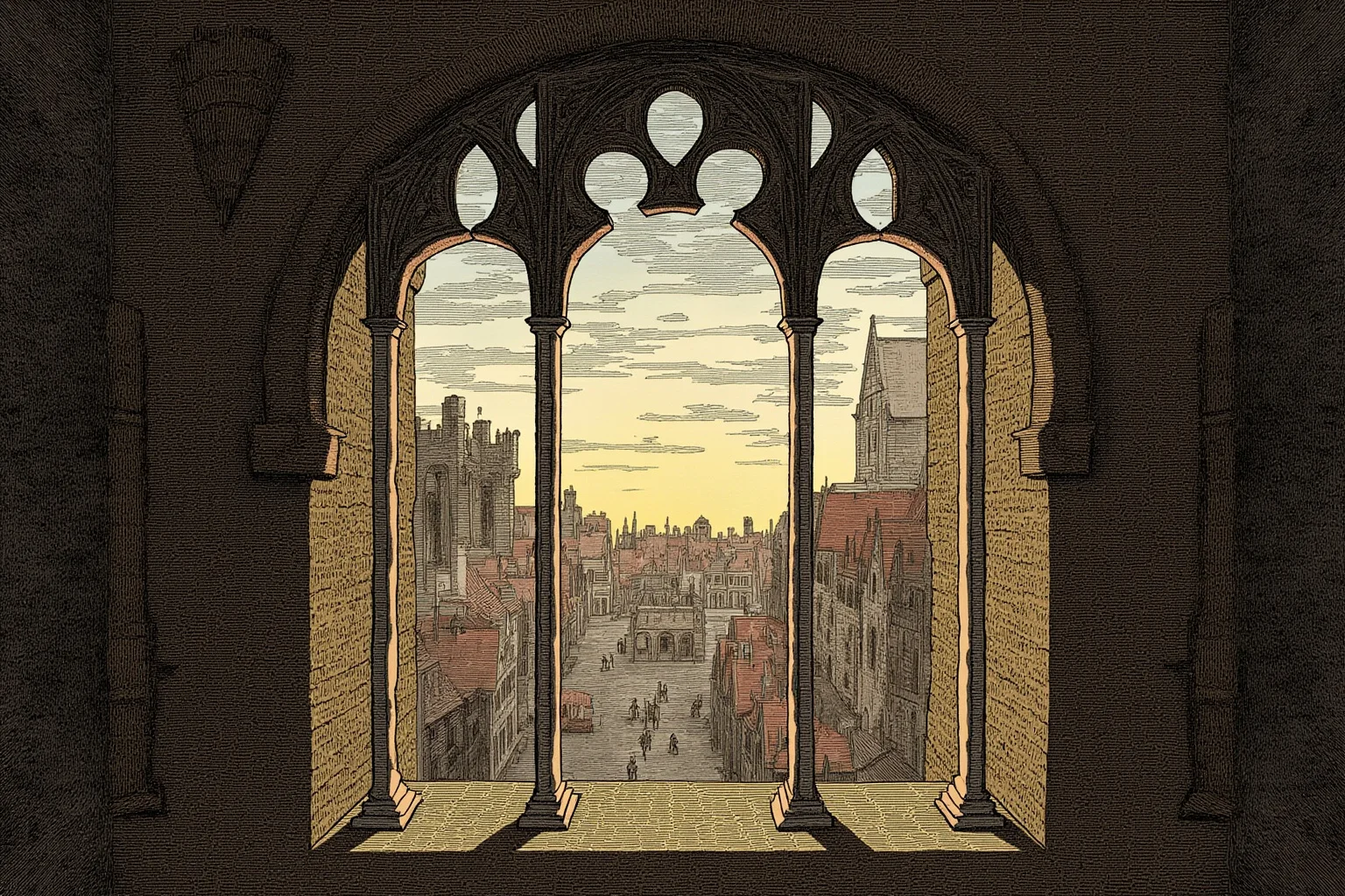 22 Lesser-Known Historical Events That No One Talks About 9 Illustration of a medieval castle window with a dramatic scene below in a European city square, 17th-century style