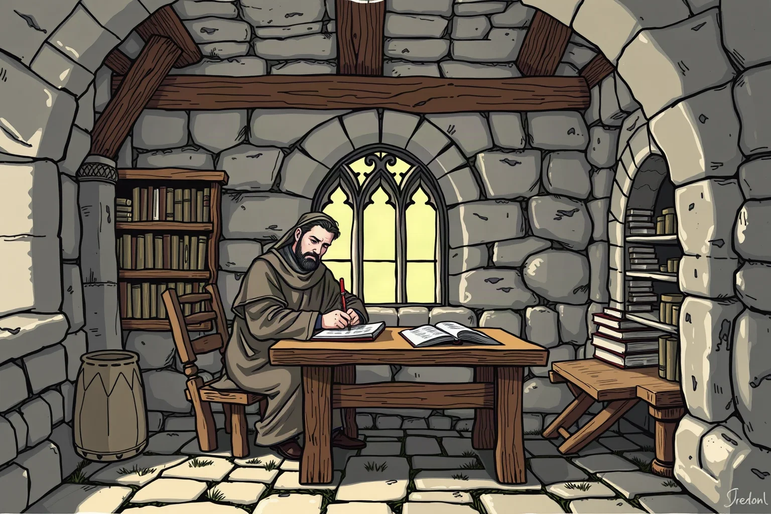 Illustration of a medieval European monk-scholar writing at a wooden desk in a stone monastery study