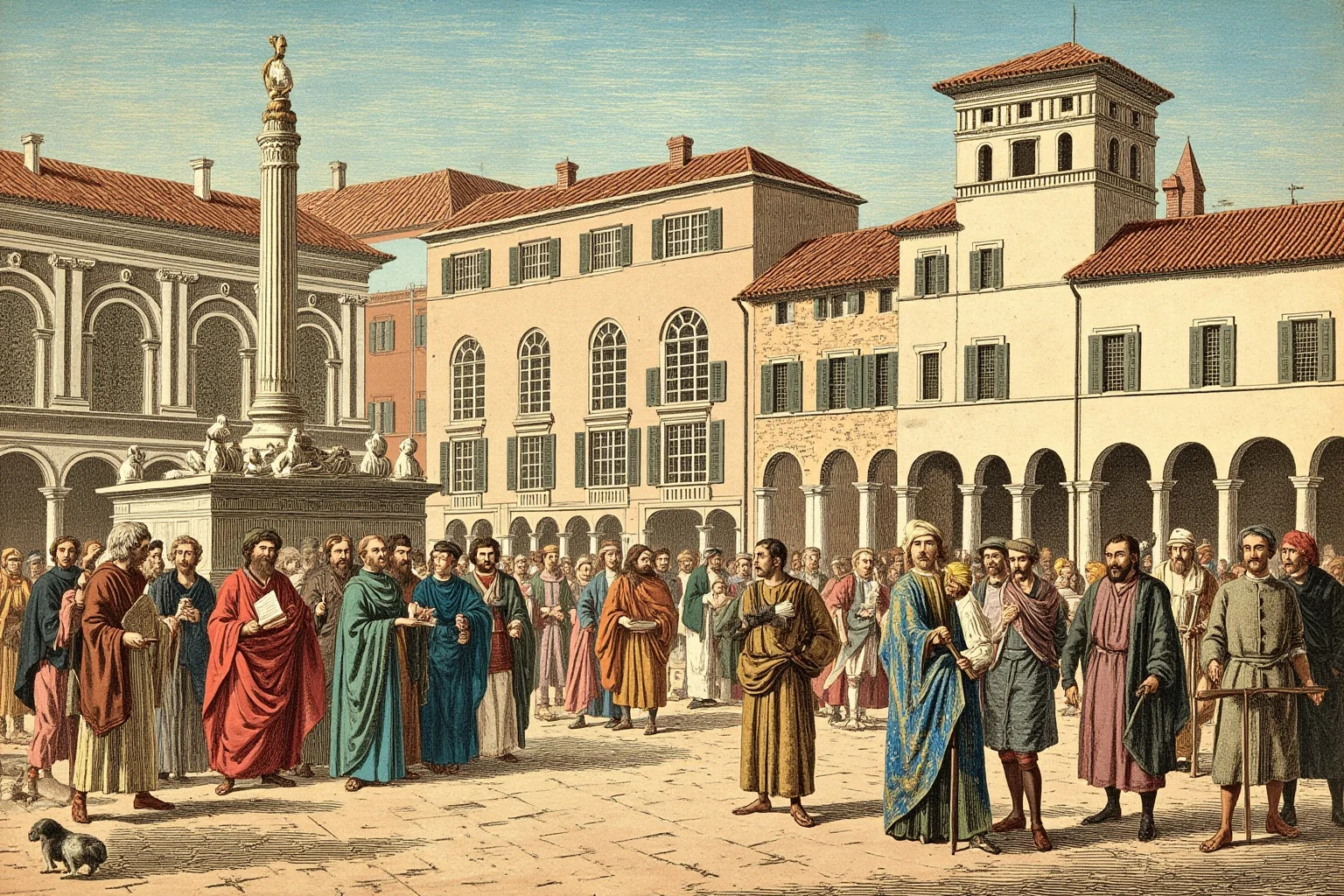 Illustration of a medieval Italian town square in Vicenza with a small gathering of early university scholars