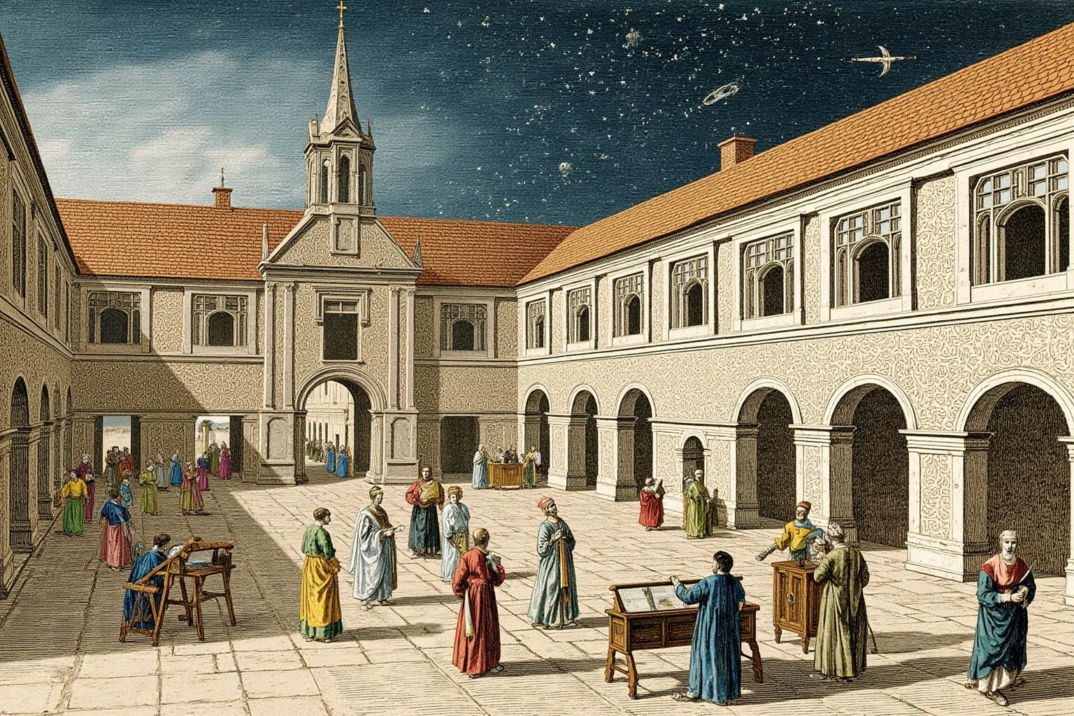 Illustration of a medieval Kraków university courtyard with astronomers and scholars observing the sky