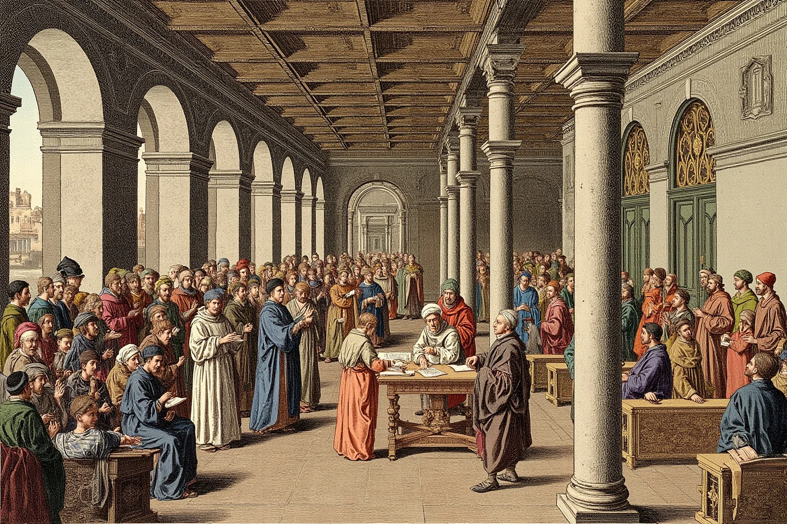 Illustration of a medieval Paris lecture hall with monks and scholars debating theology