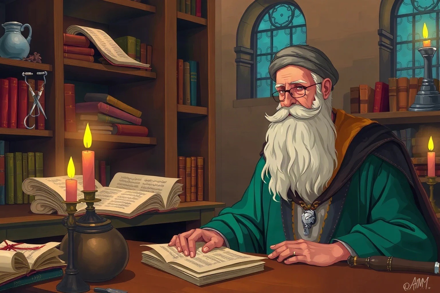 Illustration of a medieval Persian scholar in a candlelit library surrounded by scrolls and medical instruments