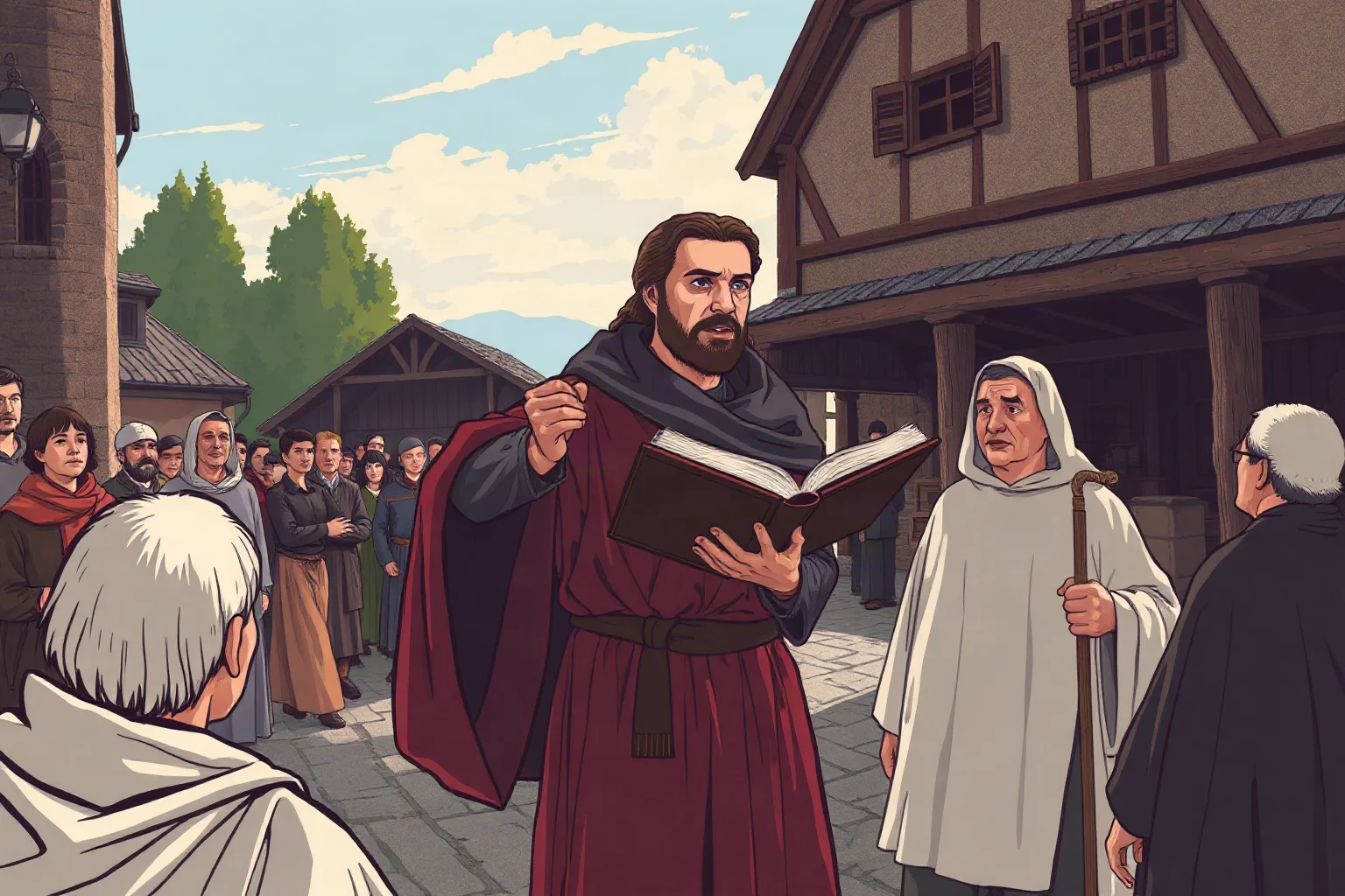 Illustration of a medieval reformer preaching to a gathered crowd while holding an open book, Central European village square