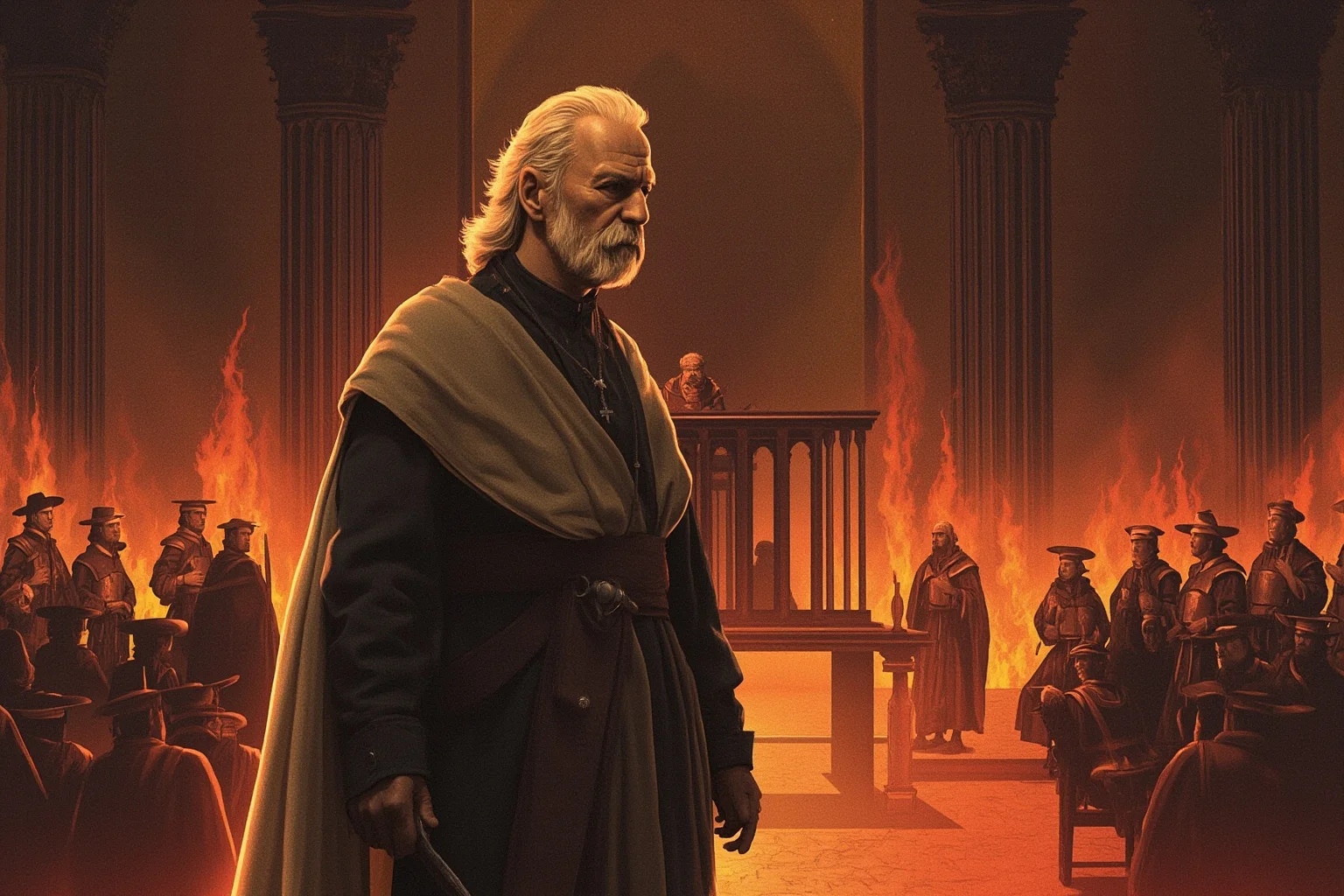 24 Historical Figures Who Became Martyrs for Their Cause 7 Illustration of a medieval scholar in religious robes standing before a council, flames in the distance