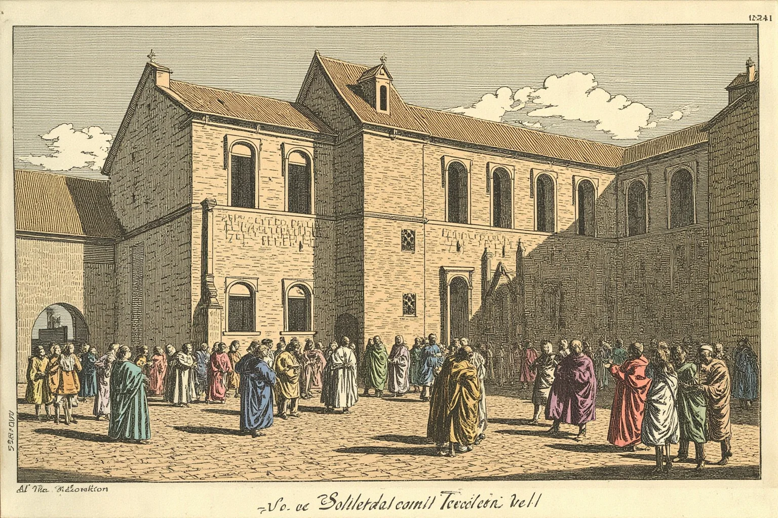 Illustration of a medieval southern French university building with scholars studying theology in Toulouse