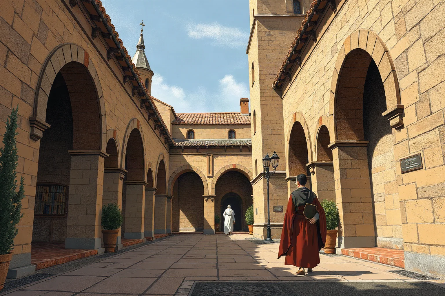 Illustration of a medieval southern French university courtyard in Toulouse with stone archways and theology students carrying books