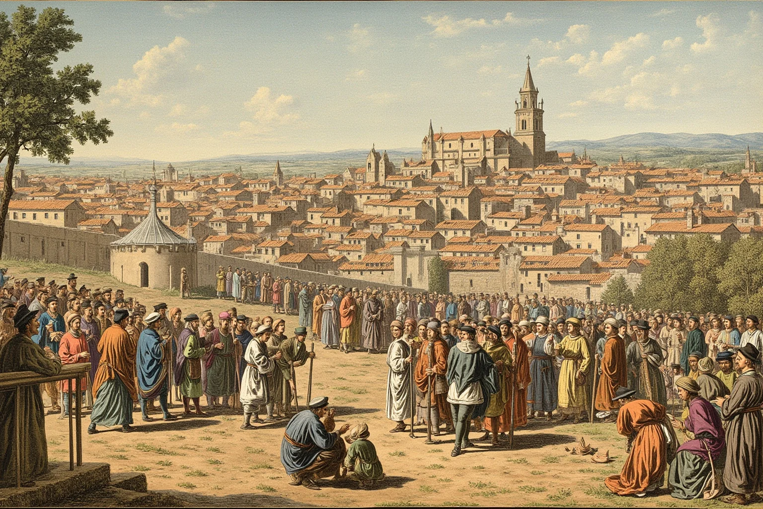 Illustration of a medieval Spanish cathedral town with early university scholars gathering outdoors