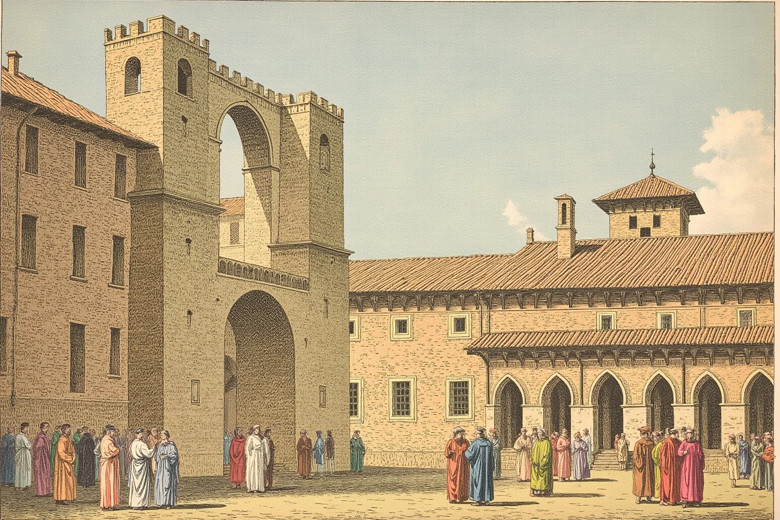 Illustration of a medieval Tuscan university square in Siena with scholars in robes near stone towers