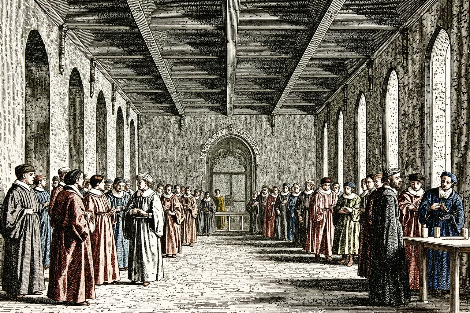 Illustration of a medieval Vienna university hall with scholars in formal academic dress