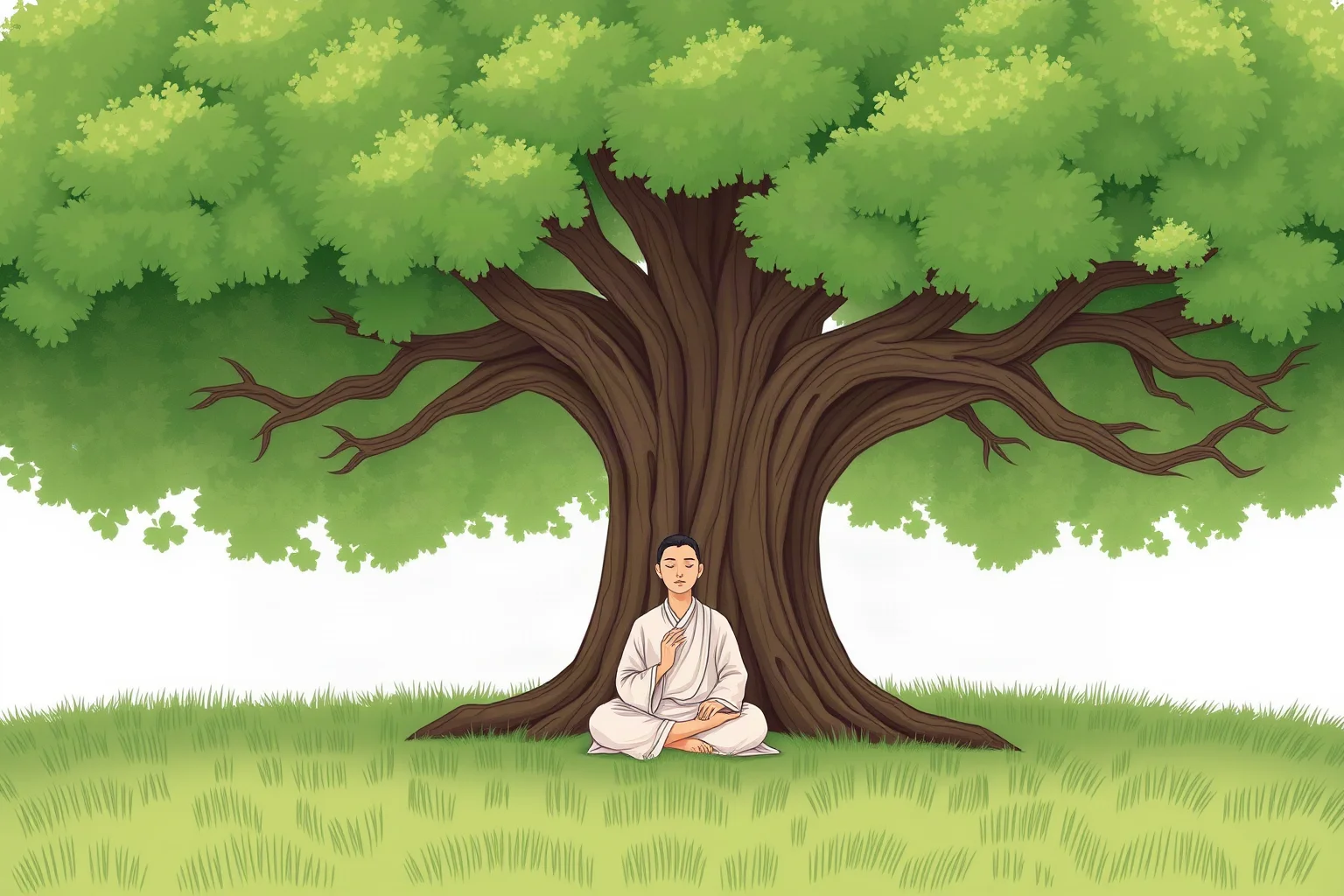 Illustration of a meditating figure in simple robes seated peacefully beneath a large tree