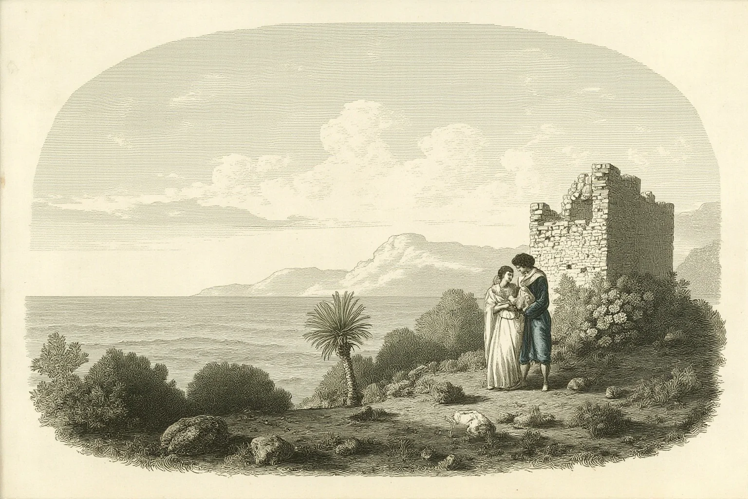 Lord Byron and Lady Caroline Lamb: History's Messiest Love Story 17 Illustration of a Mediterranean coastal scene with a lone romantic figure standing near ruins, early 1800s style