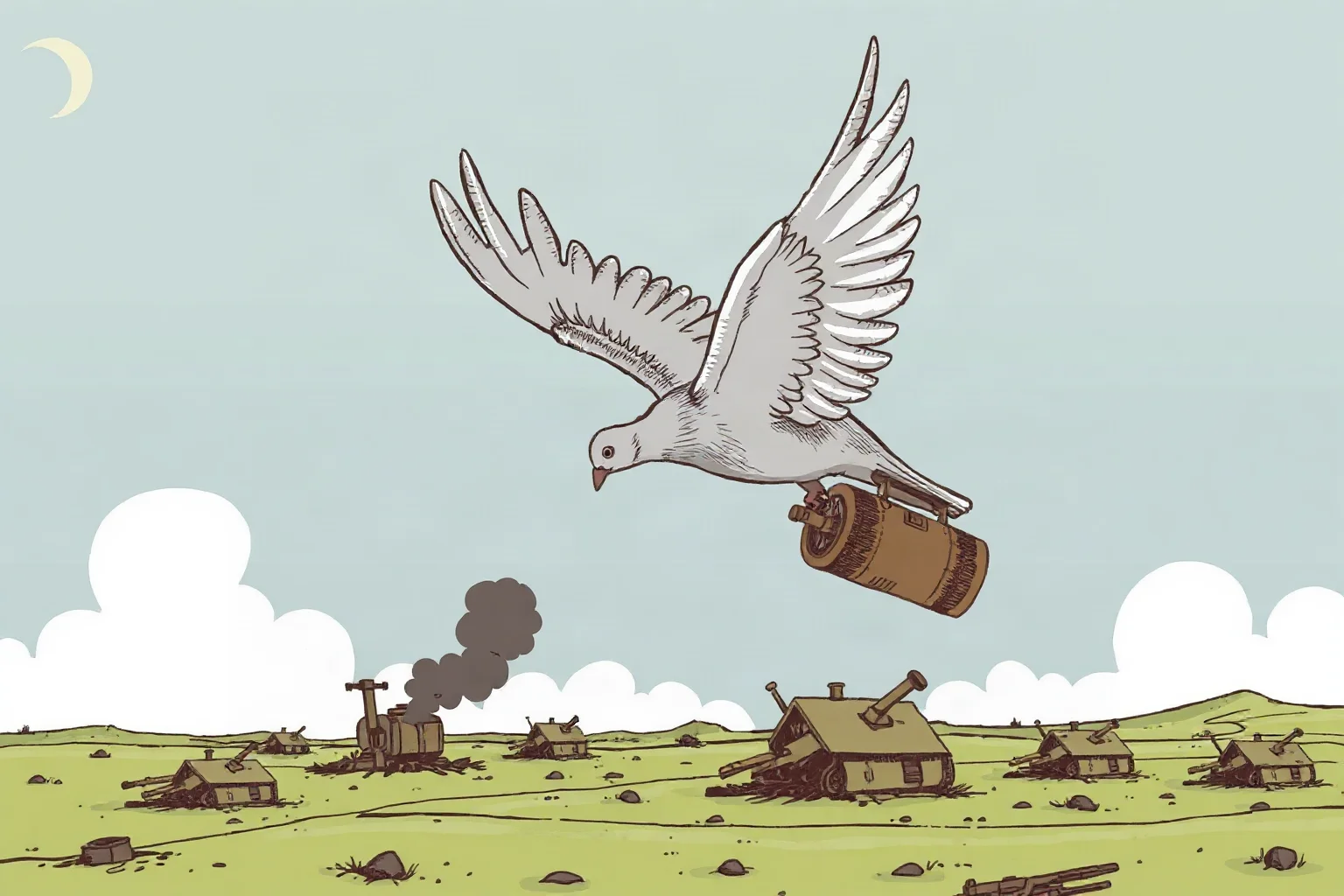 Illustration of a messenger pigeon in flight over a war-torn landscape, with a small canister attached to its leg