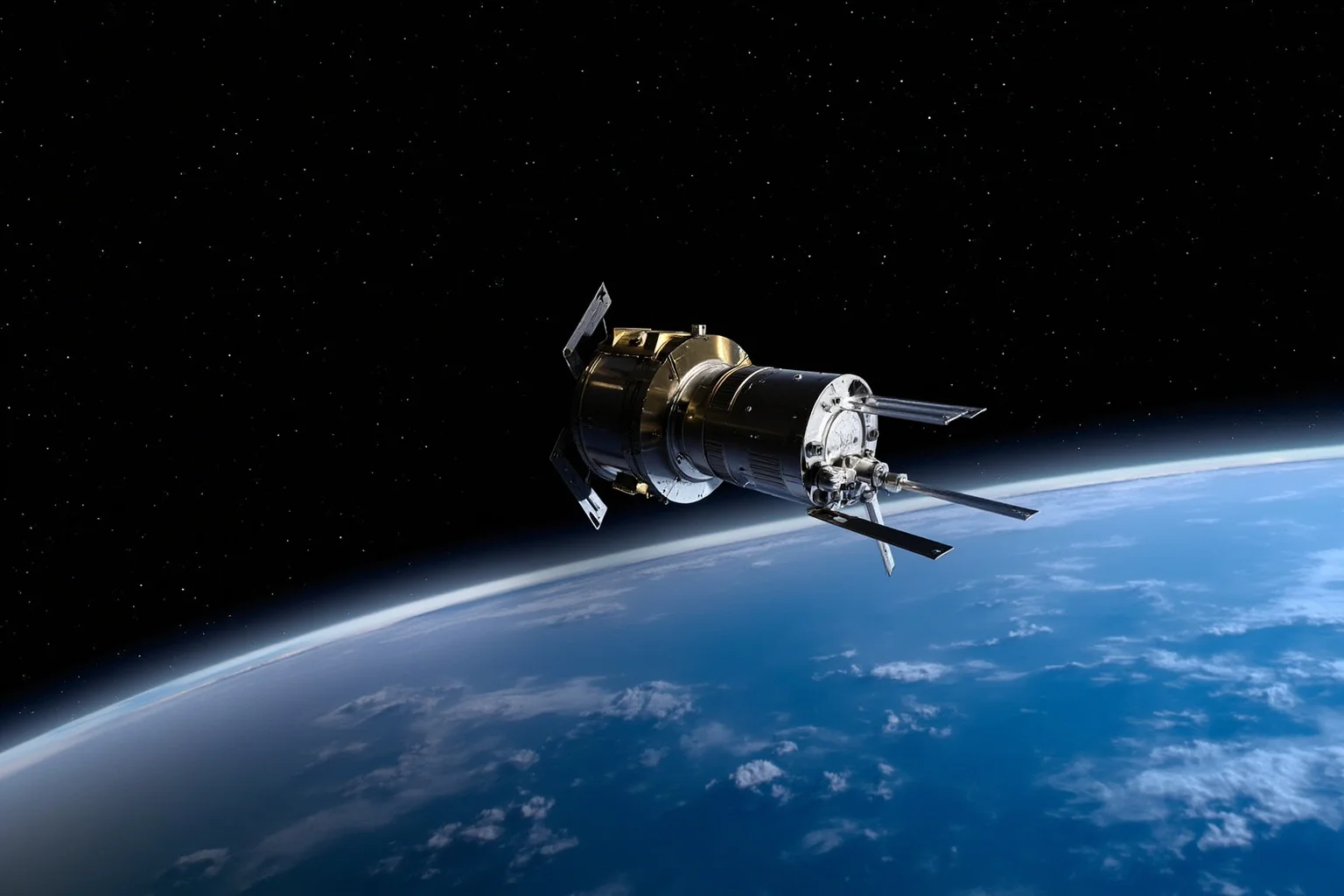 25 Most Memorable Dates in History (And Why They Still Matter) 20 Illustration of a metallic satellite with antennas orbiting Earth against a starry night sky