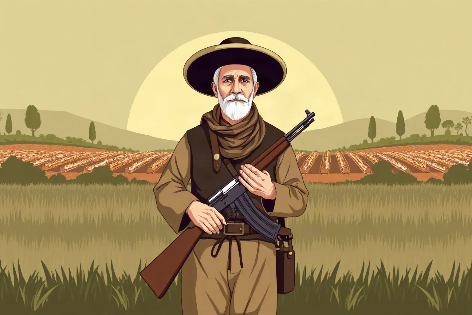 Illustration of a Mexican peasant revolutionary leader with a wide-brimmed hat and rifle standing before farmland