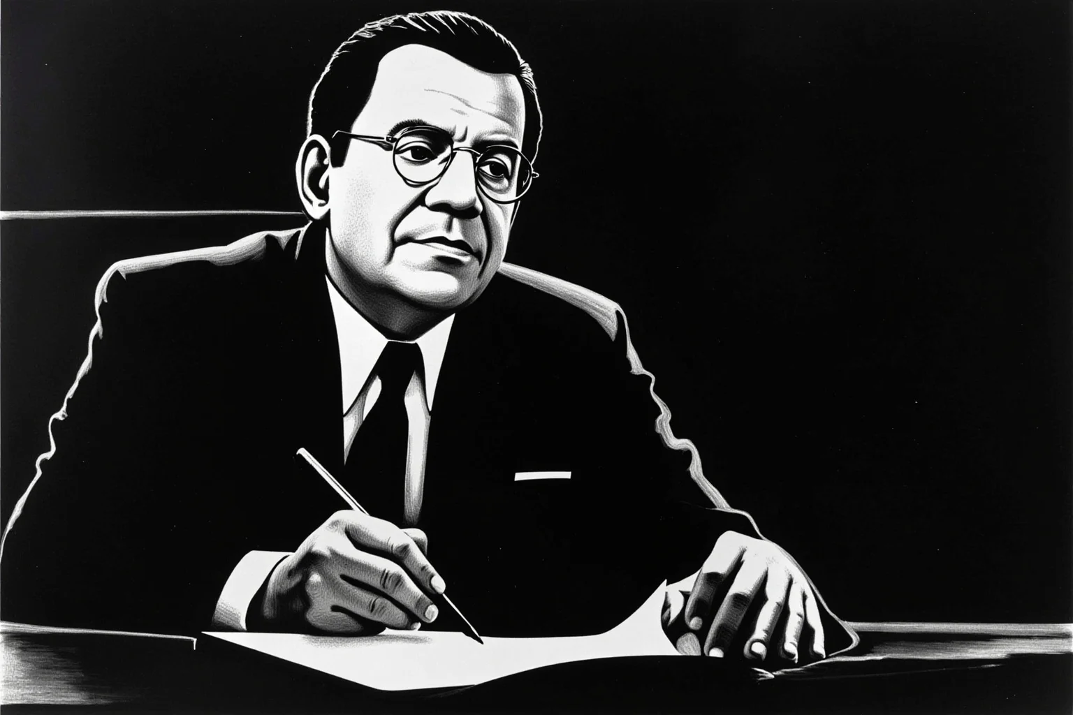 Illustration of a mid-1970s president quietly signing a document at the Oval Office desk under subdued lighting.