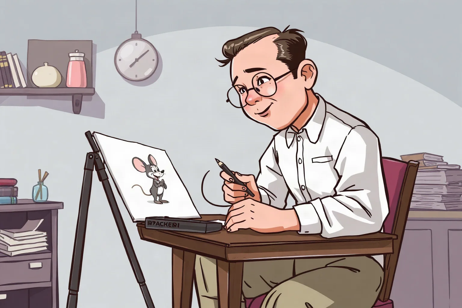 Illustration of a mid-20th-century American animator sketching a cartoon mouse character at a drafting desk