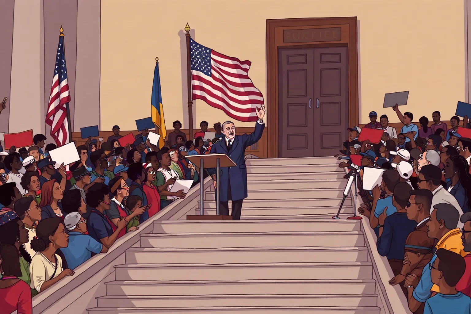 Illustration of a mid-20th-century American civil rights leader addressing a massive crowd from a monument staircase