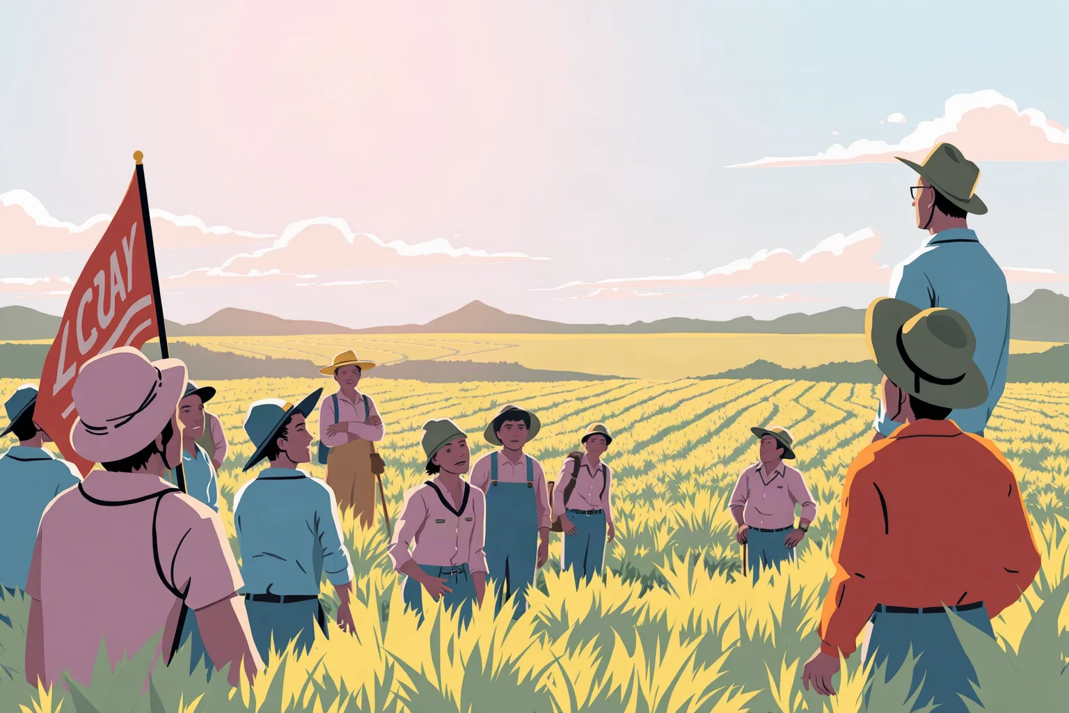 Illustration of a mid-20th-century American labor organizer addressing farmworkers in a sunlit agricultural field