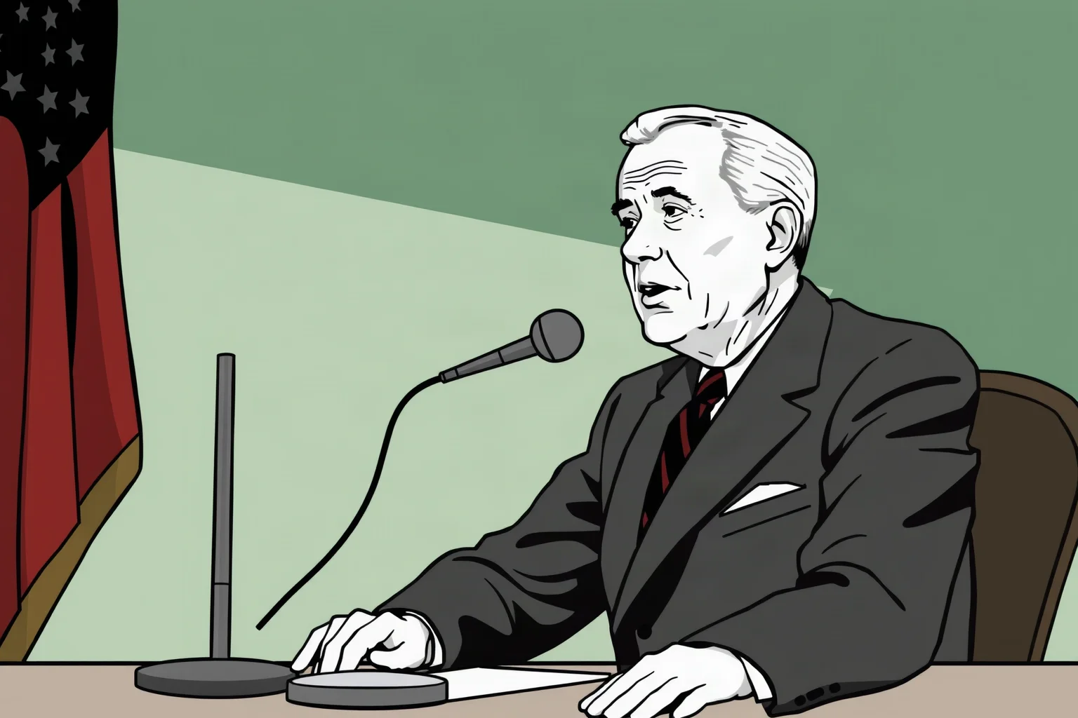 Illustration of a mid-20th-century American president seated at a radio microphone delivering an address, Great Depression era