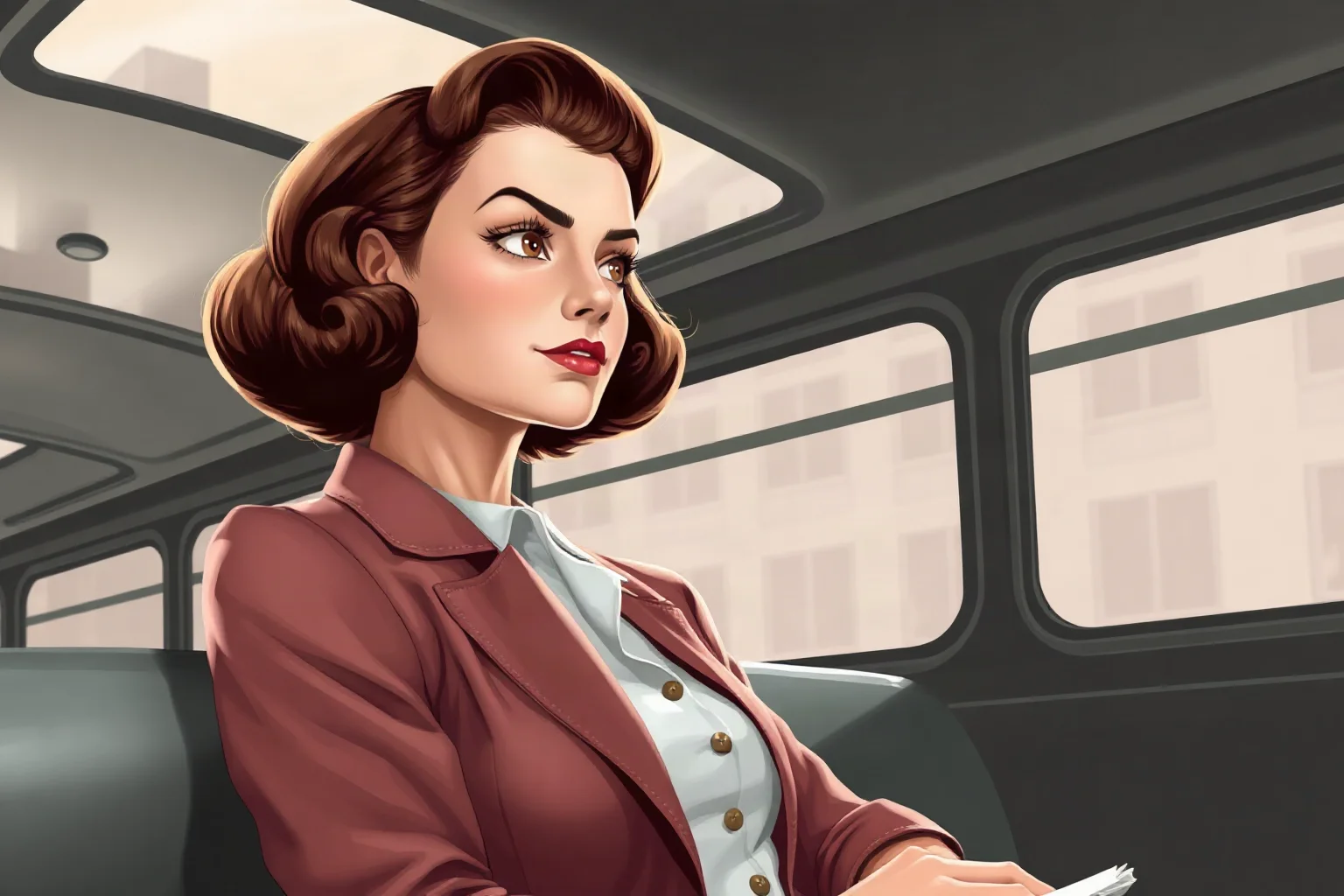 Illustration of a mid-20th-century American woman seated resolutely on a public bus, 1950s urban setting